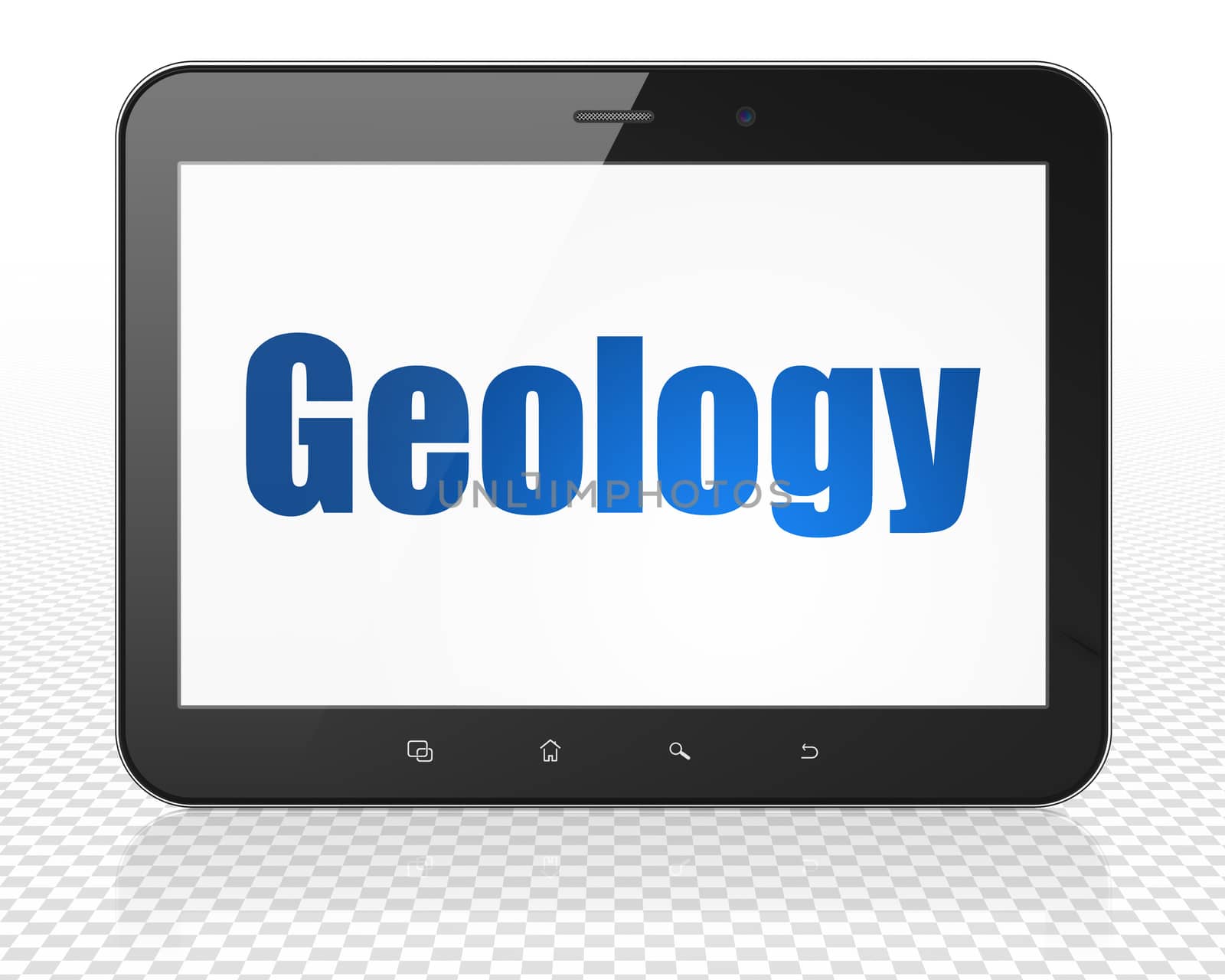 Studying concept: Tablet Pc Computer with blue text Geology on display, 3D rendering