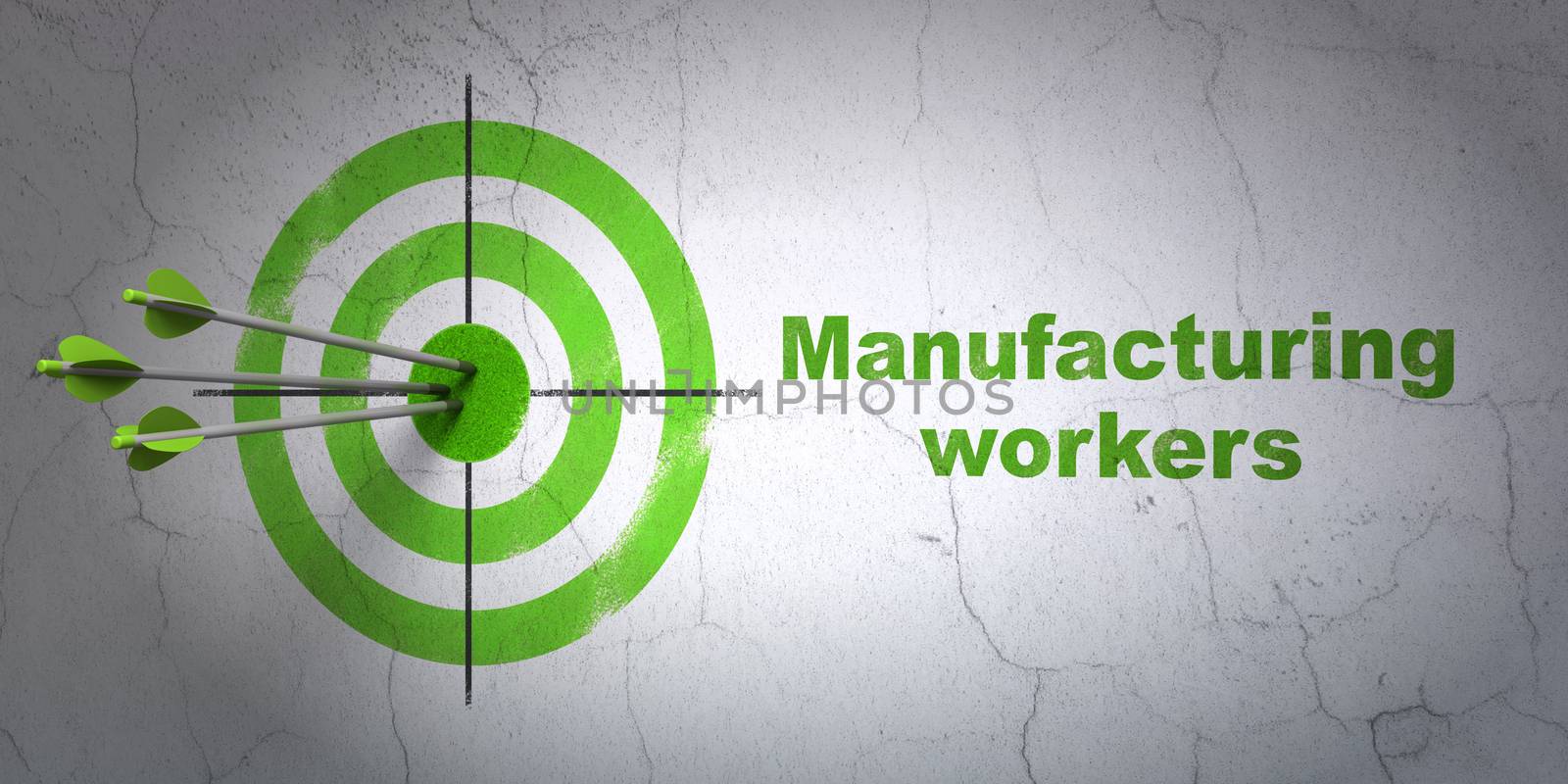 Success Industry concept: arrows hitting the center of target, Green Manufacturing Workers on wall background, 3D rendering