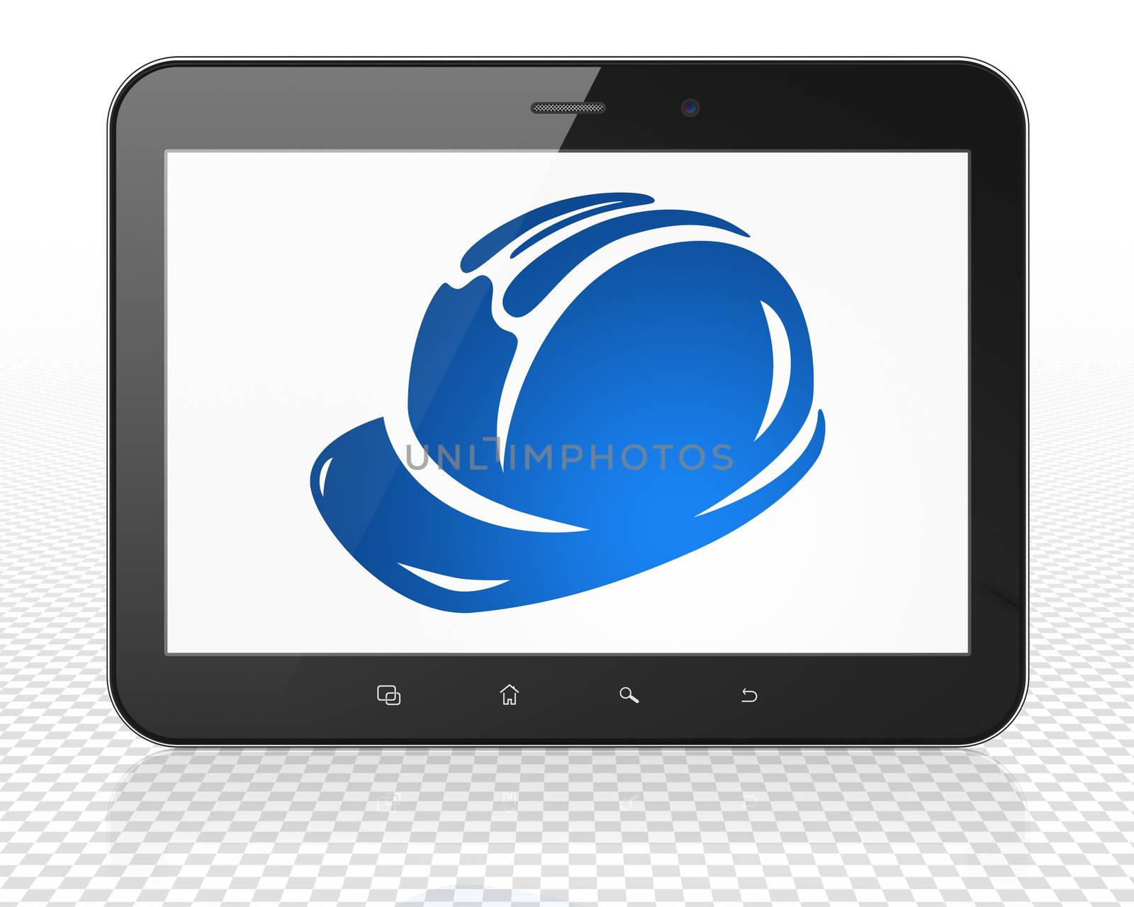 Building construction concept: Tablet Pc Computer with blue Safety Helmet icon on display, 3D rendering