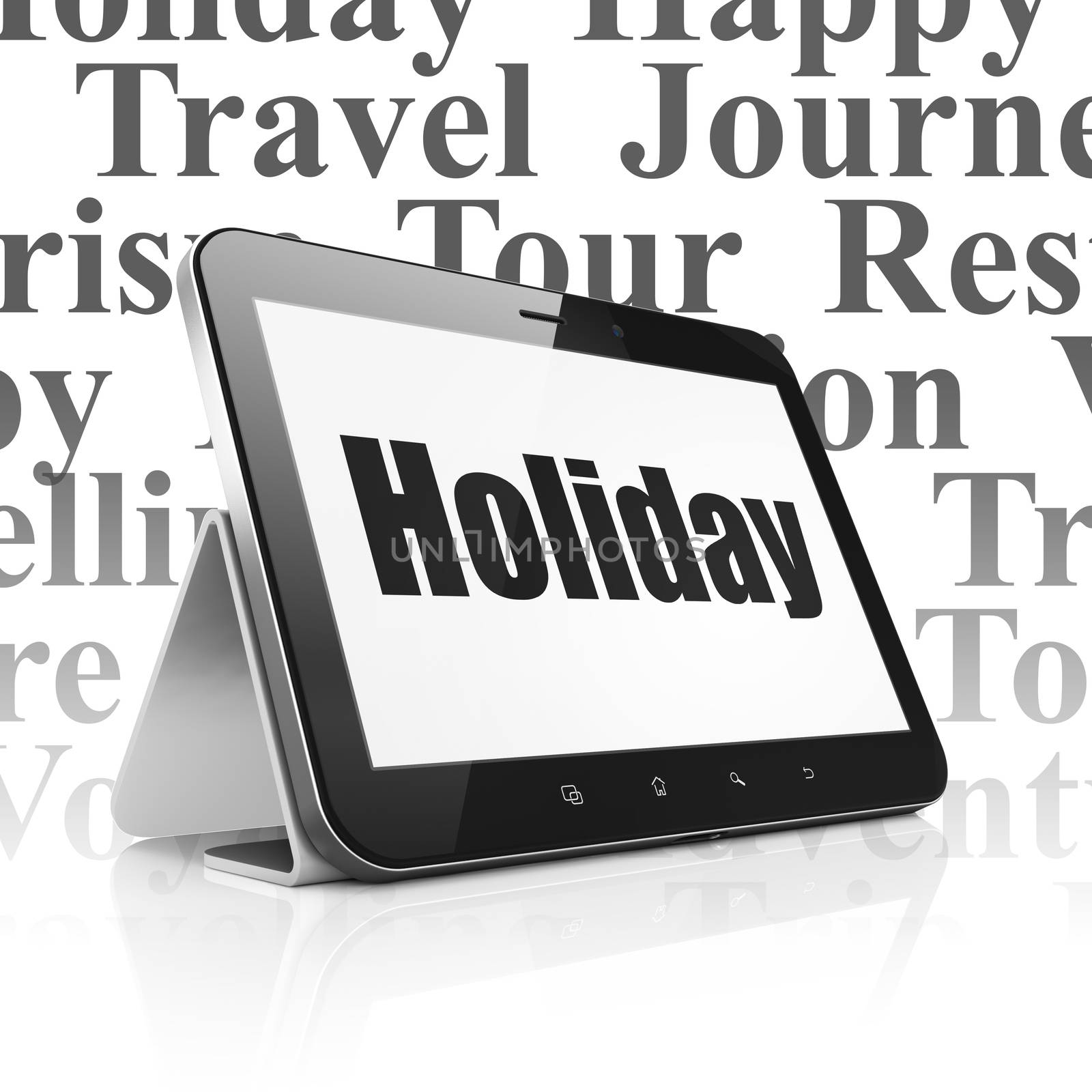 Tourism concept: Tablet Computer with  black text Holiday on display,  Tag Cloud background, 3D rendering
