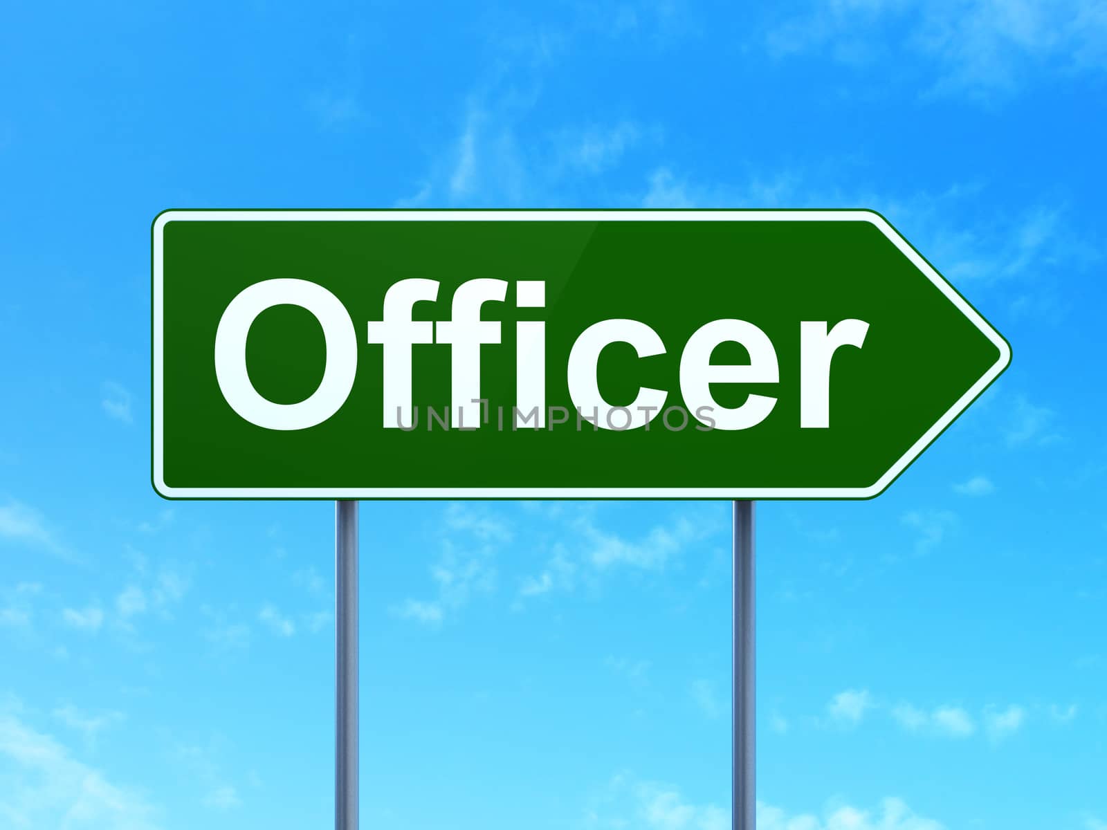 Law concept: Officer on green road highway sign, clear blue sky background, 3D rendering