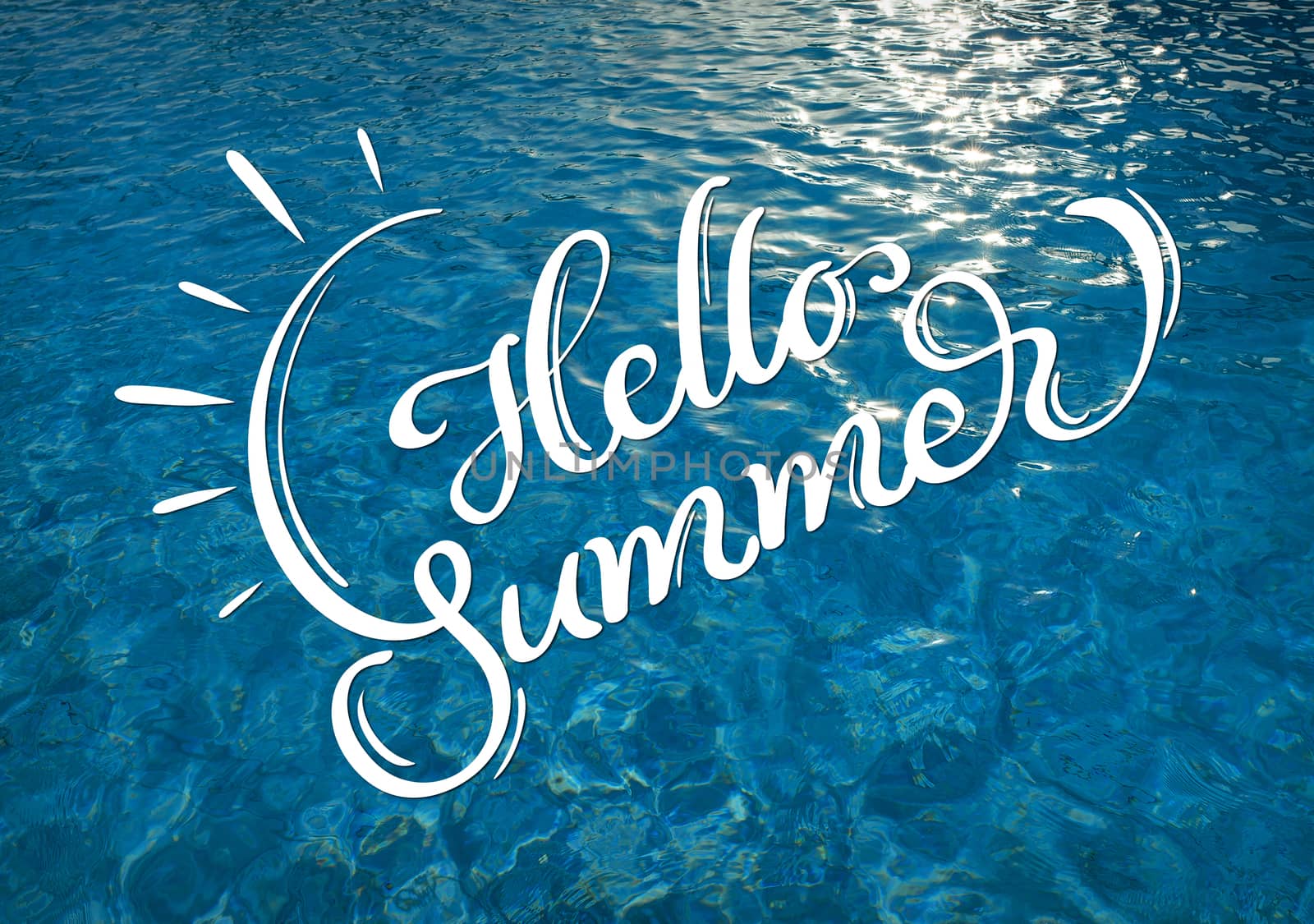 water texture with solar patches of light and text Hello Summer. Calligraphy lettering by timonko