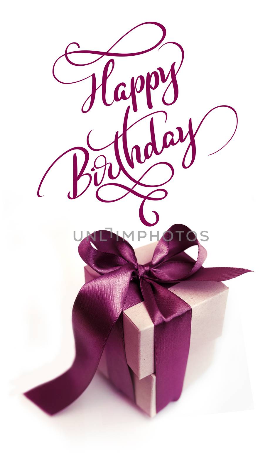 Gift boxes with brown bow on a white background and text Happy Birthday. Calligraphy lettering by timonko