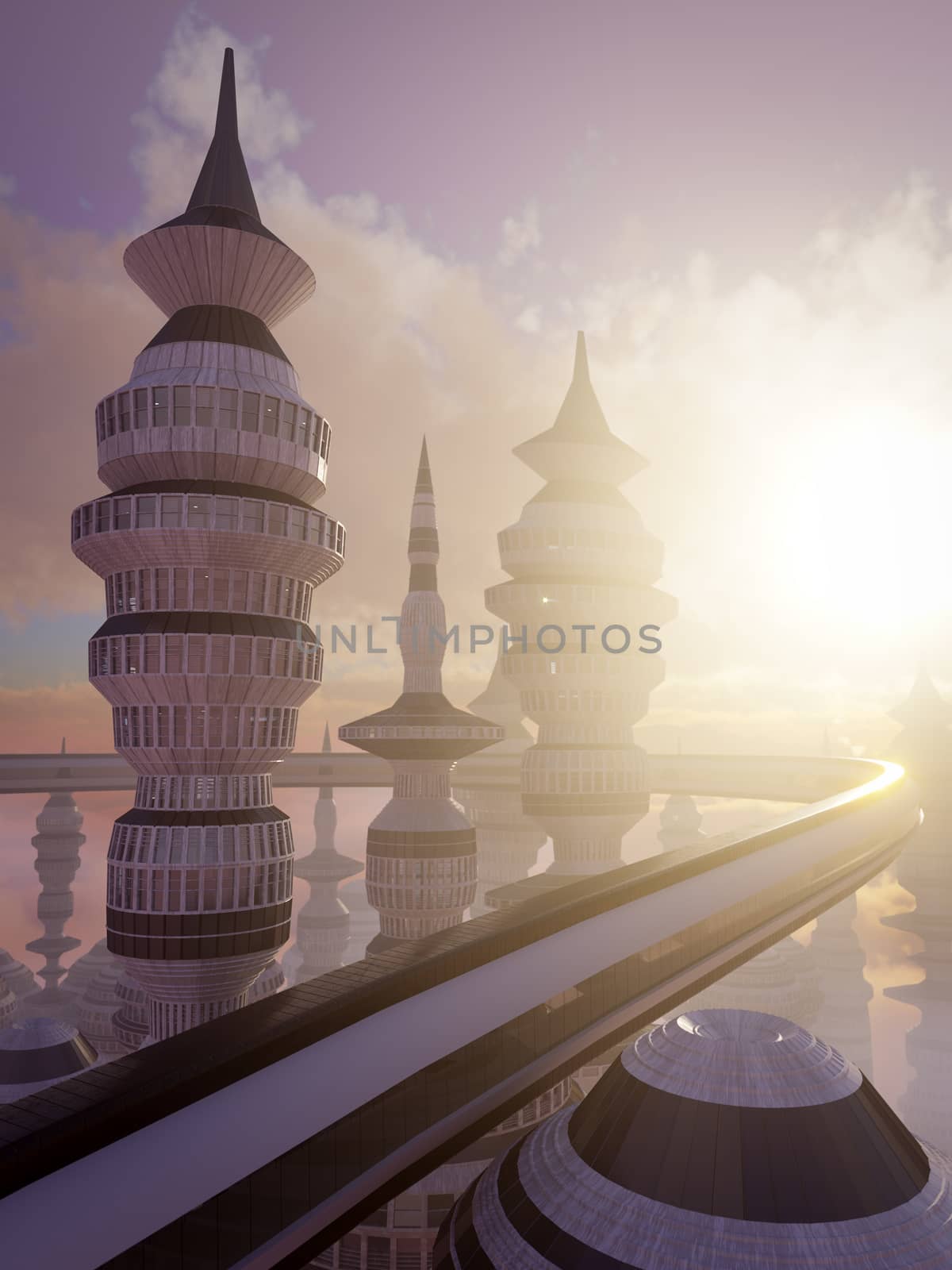 aerial view of Science Fiction City with clouds and sun by denisgo