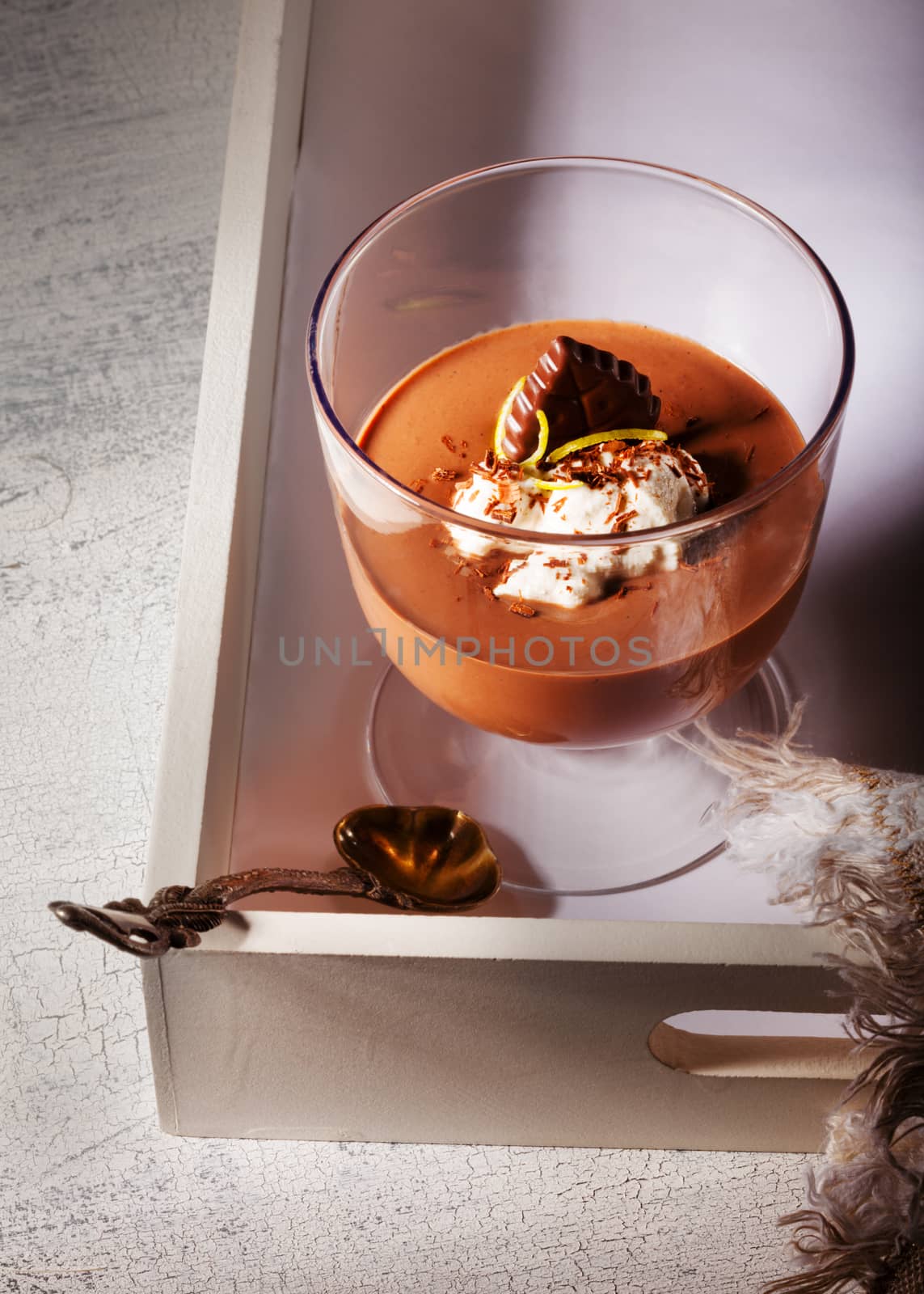 Chocolate Mousse Dessert with cream on a table