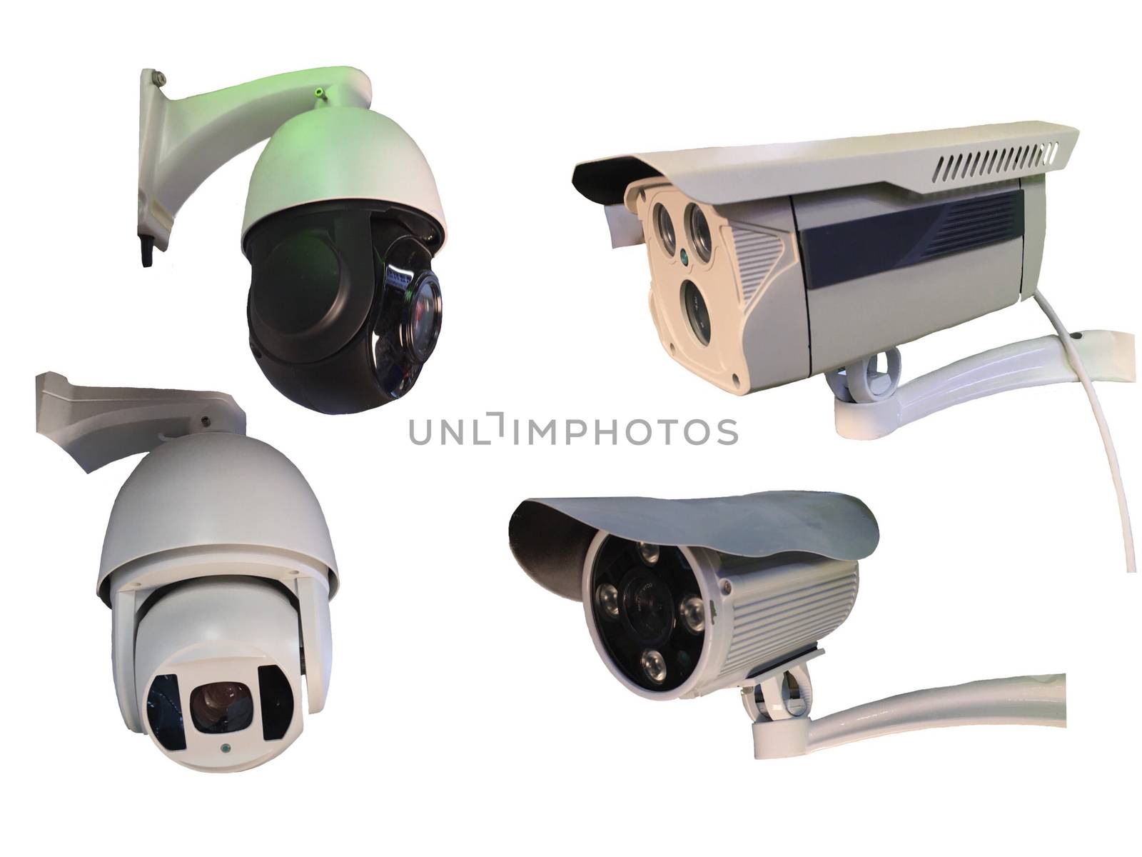 Outdoor CCTV Group of monitoring, security cameras  isolated on white background.