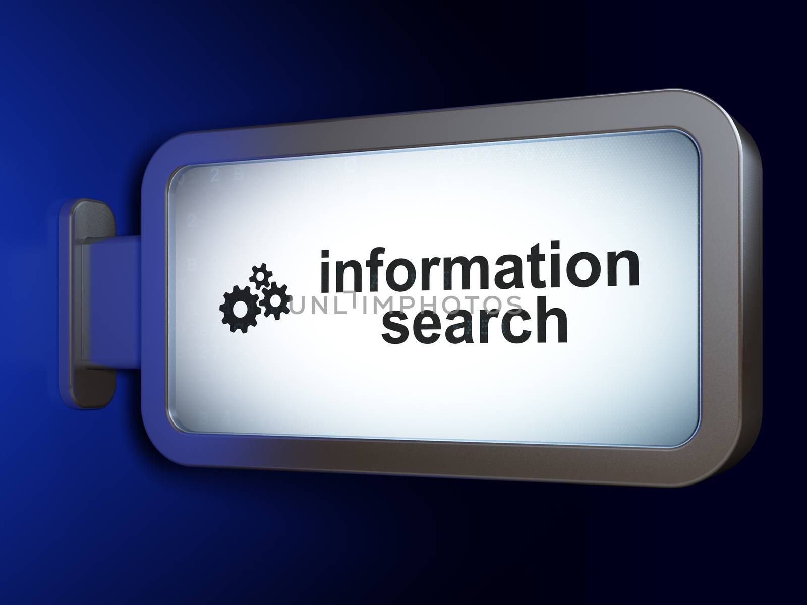 Data concept: Information Search and Gears on advertising billboard background, 3D rendering