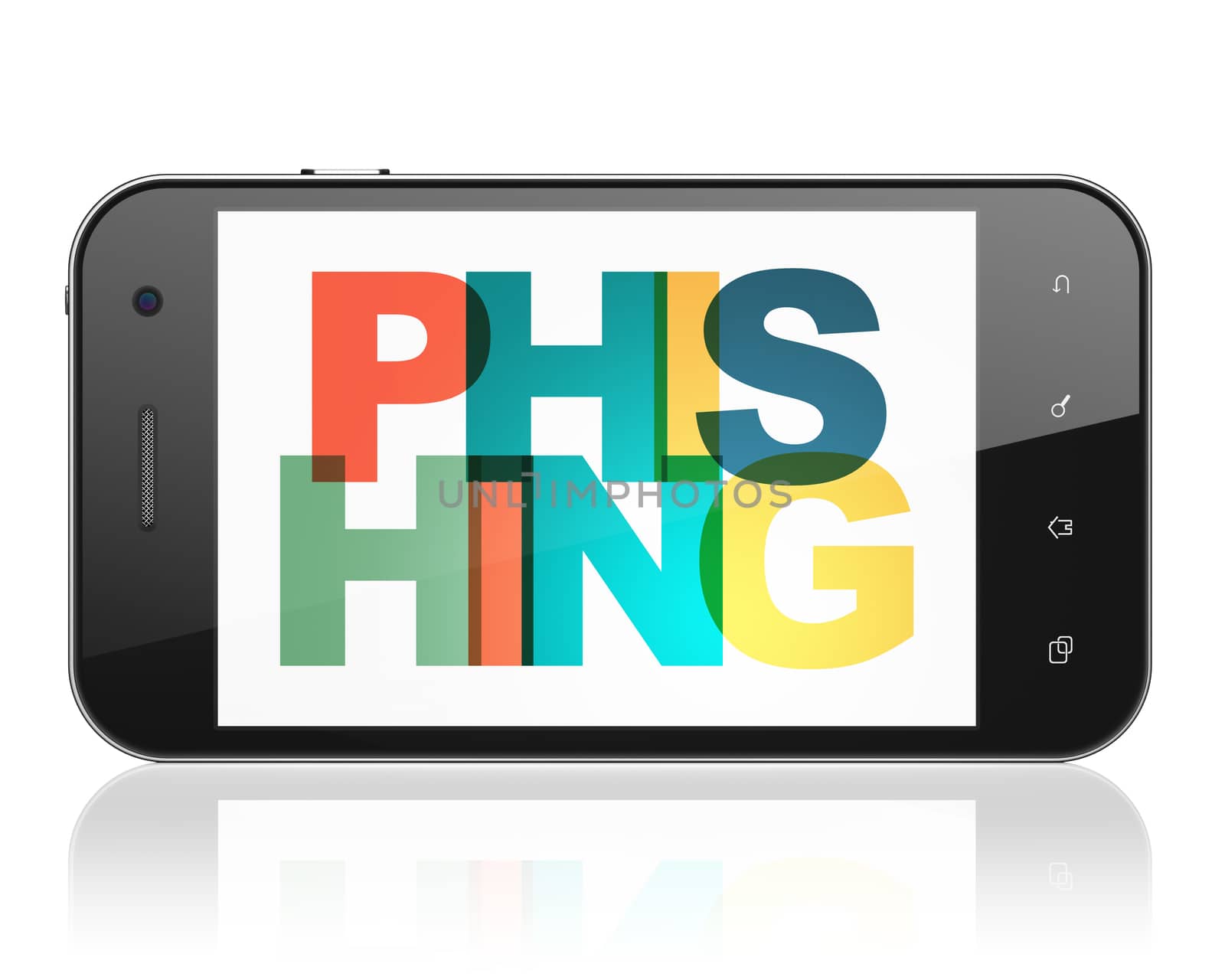 Security concept: Smartphone with Painted multicolor text Phishing on display, 3D rendering