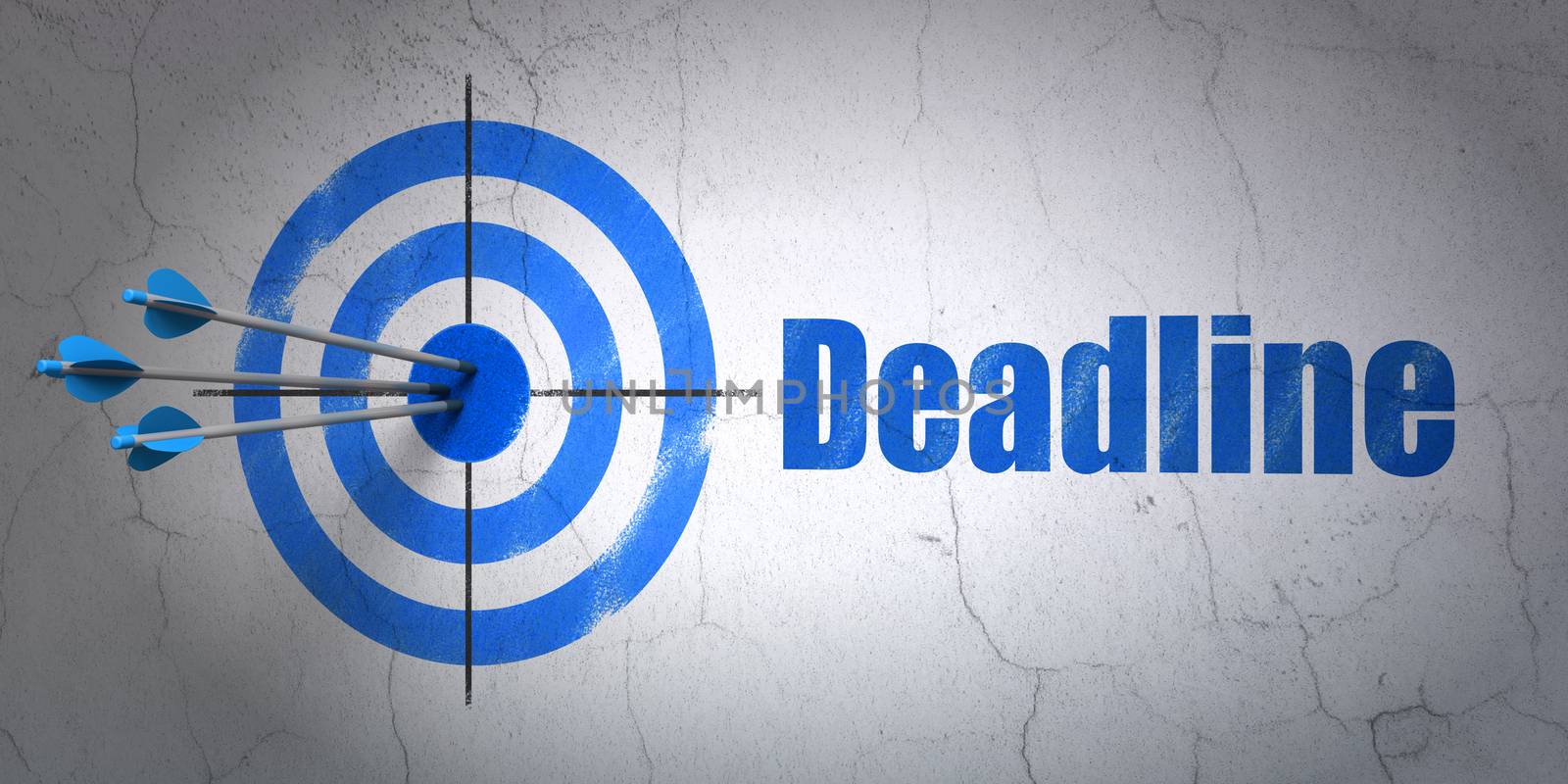 Success business concept: arrows hitting the center of target, Blue Deadline on wall background, 3D rendering