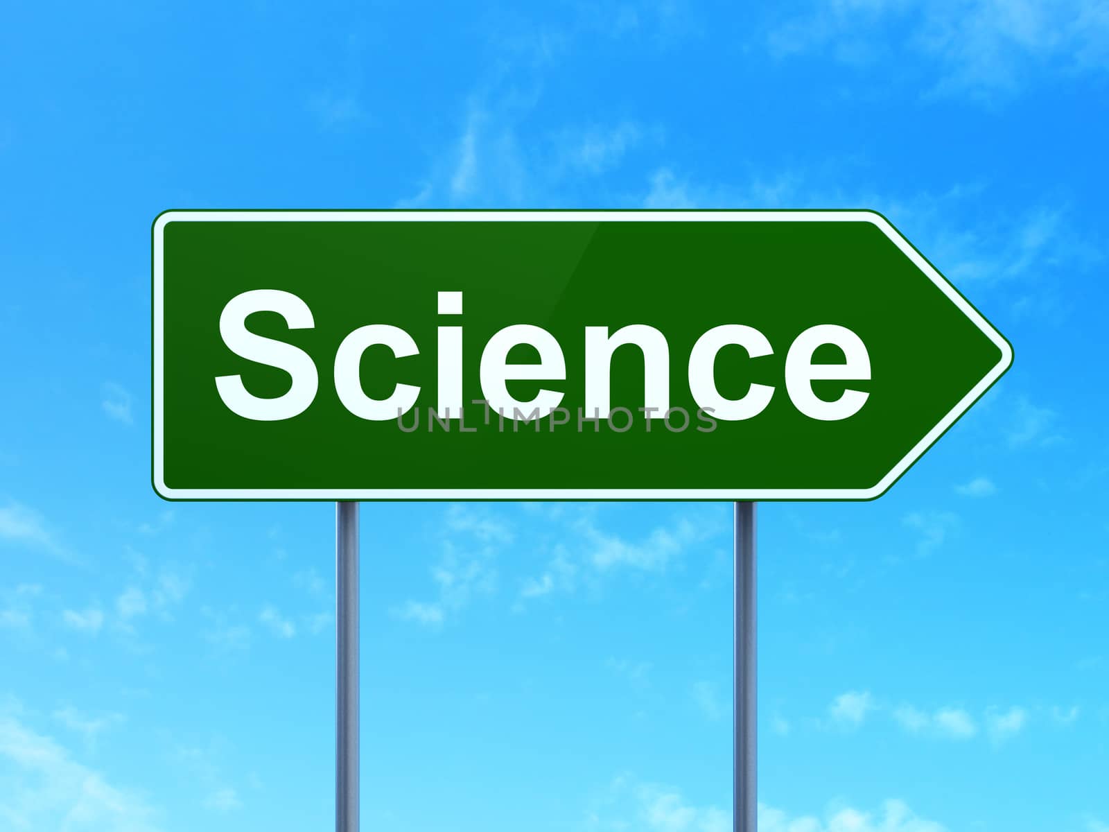 Science concept: Science on green road highway sign, clear blue sky background, 3D rendering