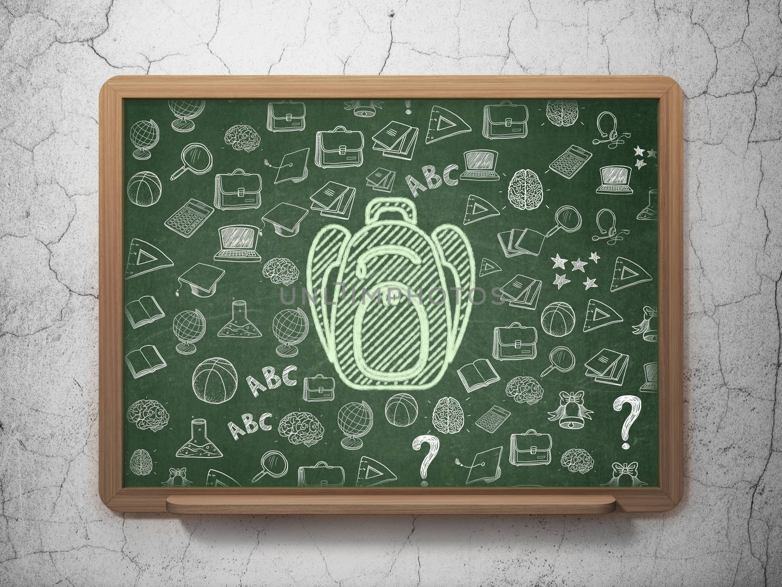 Education concept: Chalk Green Backpack icon on School board background with  Hand Drawn Education Icons, 3D Rendering