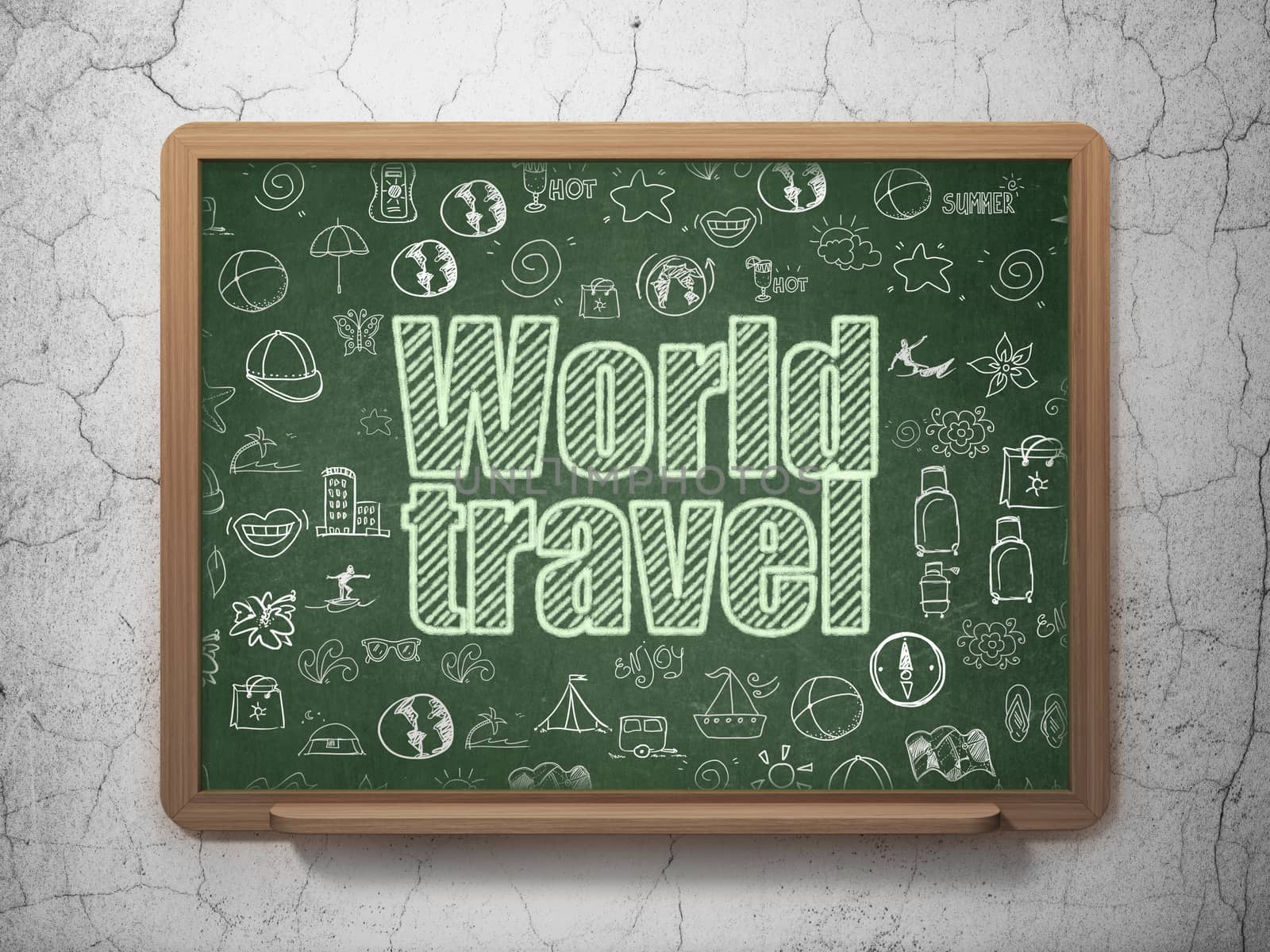 Vacation concept: Chalk Green text World Travel on School board background with  Hand Drawn Vacation Icons, 3D Rendering