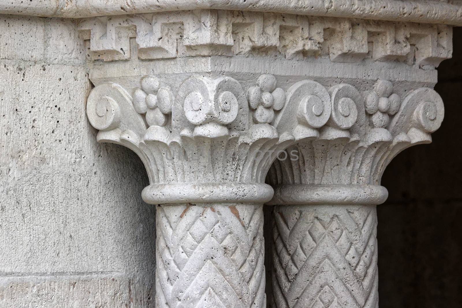 Hungary, Budapest, Castle Hill Gothic columns detail.