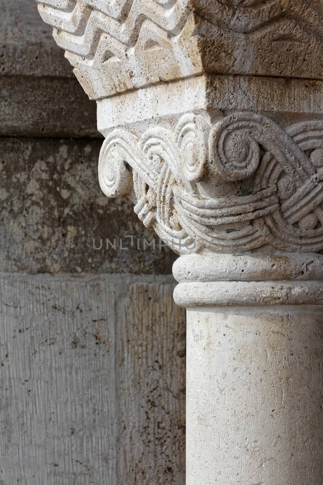 Hungary, Budapest, Castle Hill Gothic columns detail.