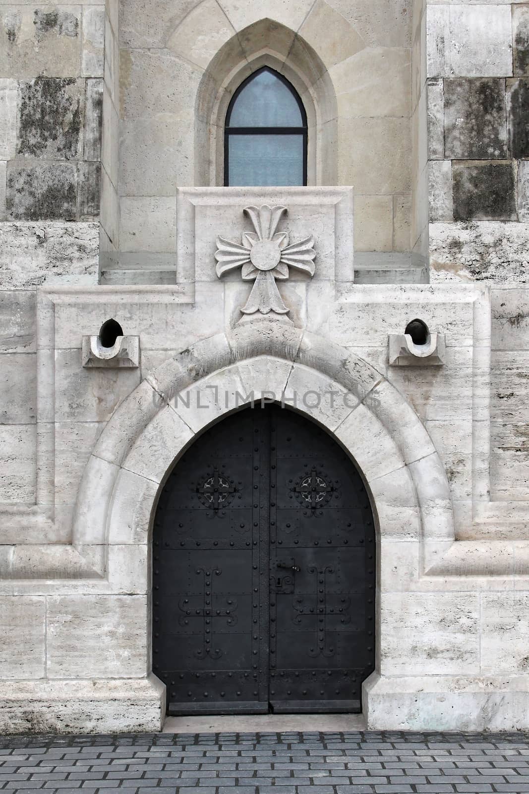 Hungary, Budapest, Matthias Church Gothic gate closed.