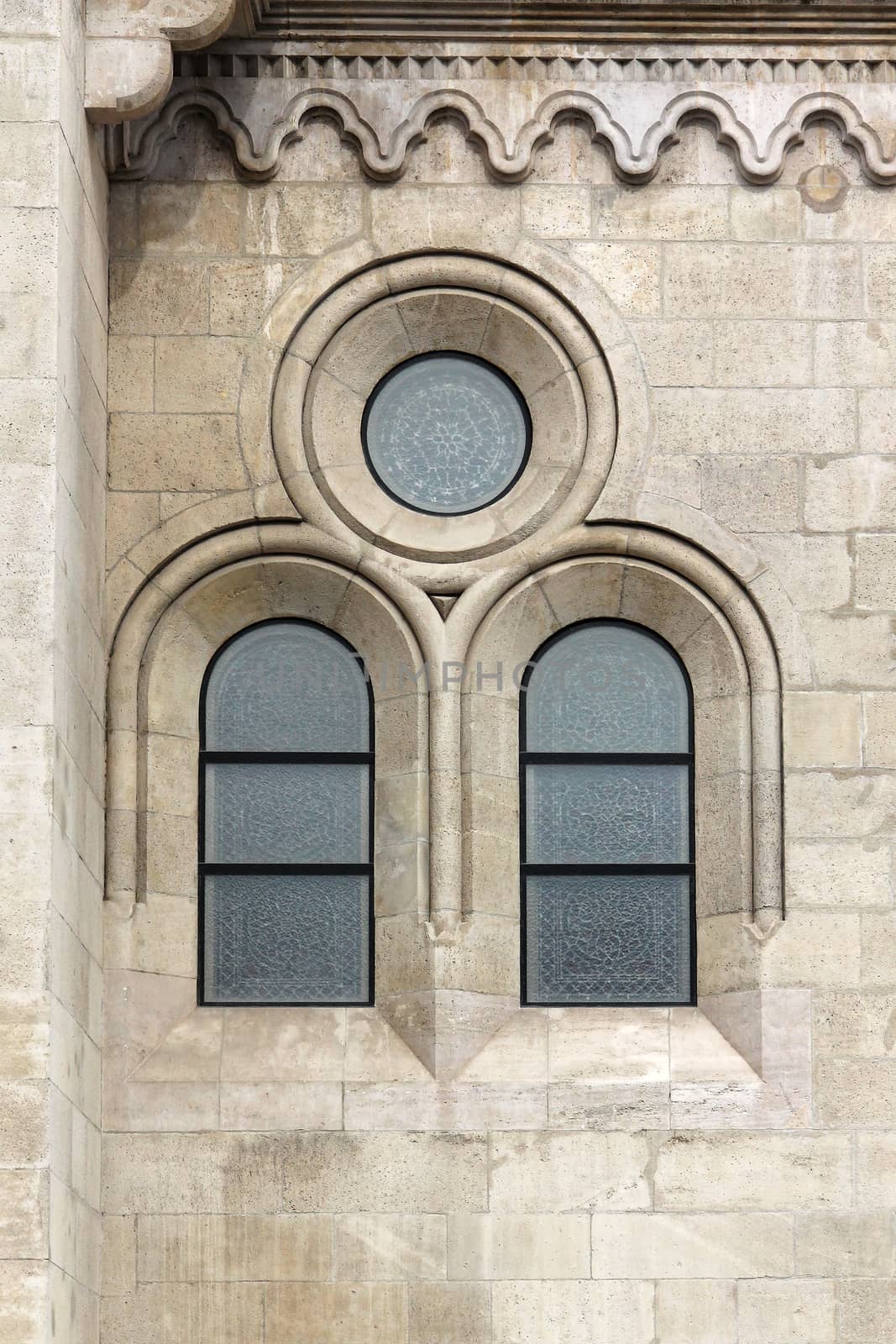 Hungary, Budapest, Matthias Church Gothic window detail.