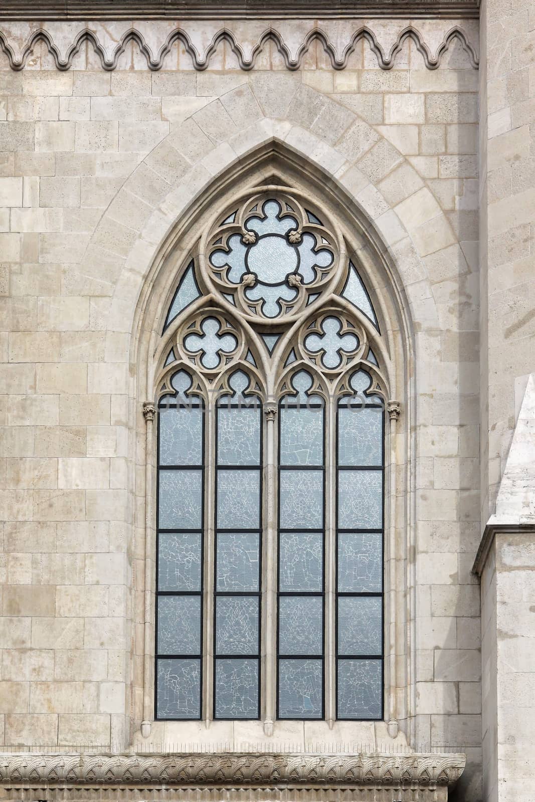 Hungary, Budapest, Matthias Church Gothic window detail.