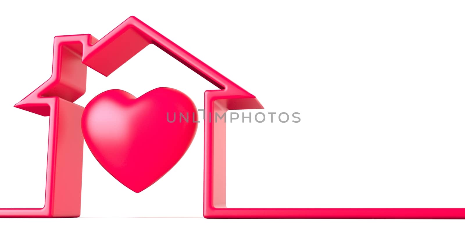 Heart in house made of red line 3D render illustration isolated on white background