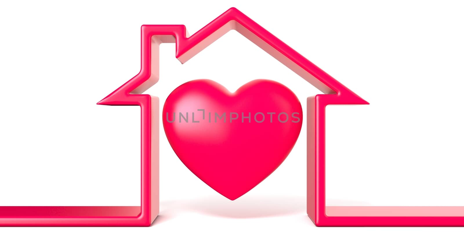 Heart in house made of red line 3D render illustration isolated on white background