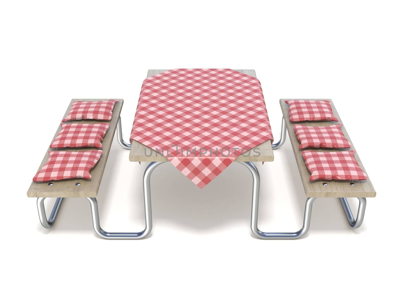 Picnic table with red table cover and pillows. 3D by djmilic