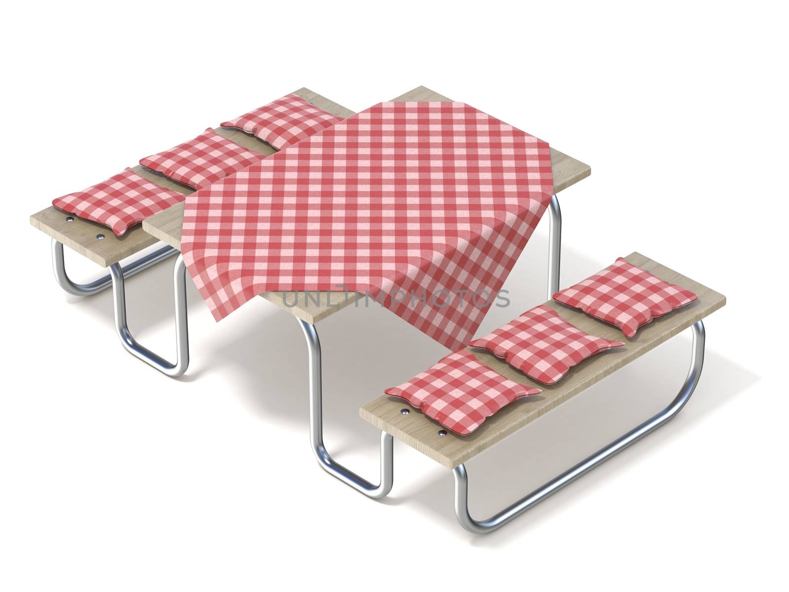 Picnic table with red table cover and pillows. 3D render illustration isolated on white background