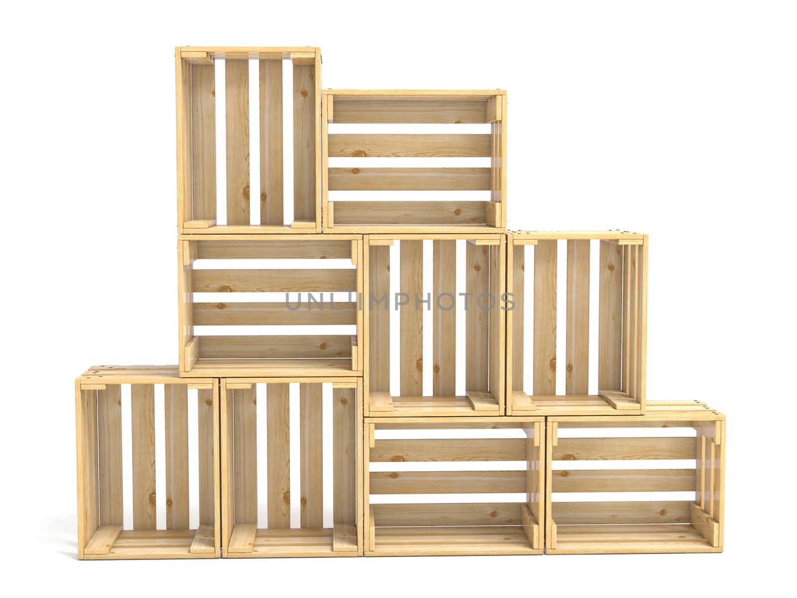 Empty wooden crates arranged 3D render illustration isolated on white background