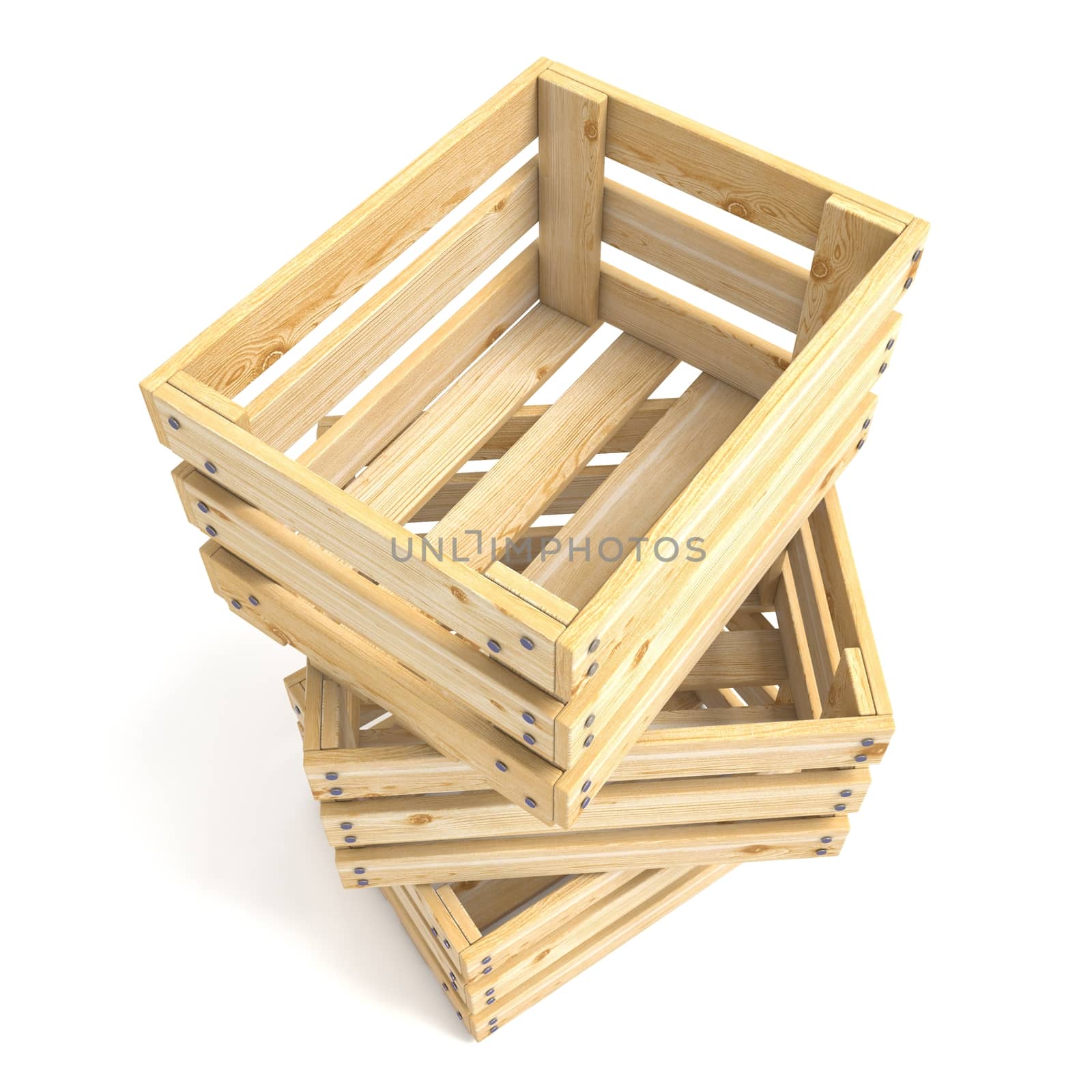 Three empty wooden crate. 3D render illustration isolated on white background