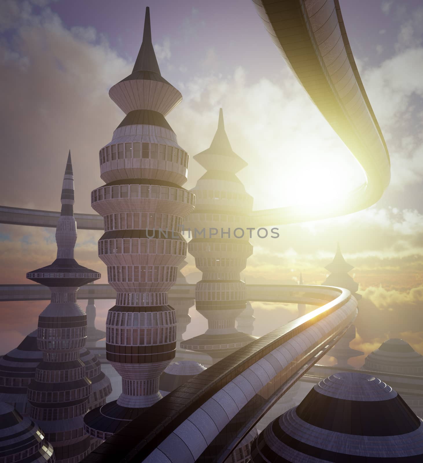 aerial view of Science Fiction City with clouds and sun by denisgo