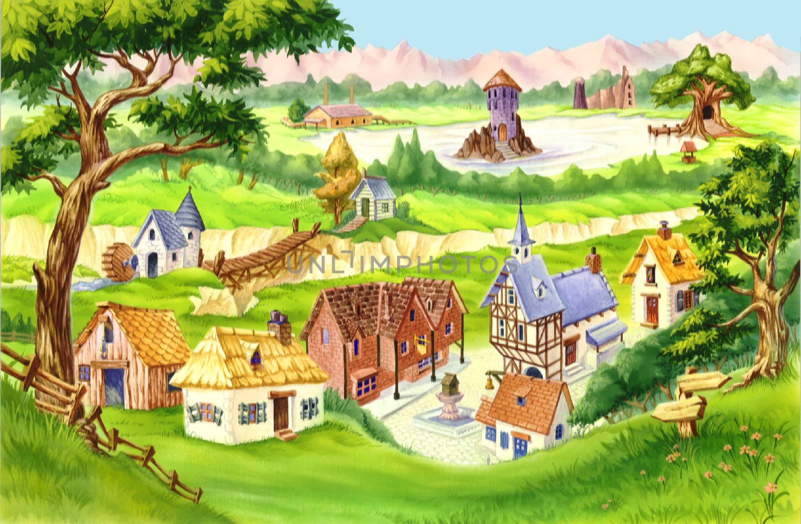 Fairytale Village. Digital Painting Background, Illustration in cartoon style character.