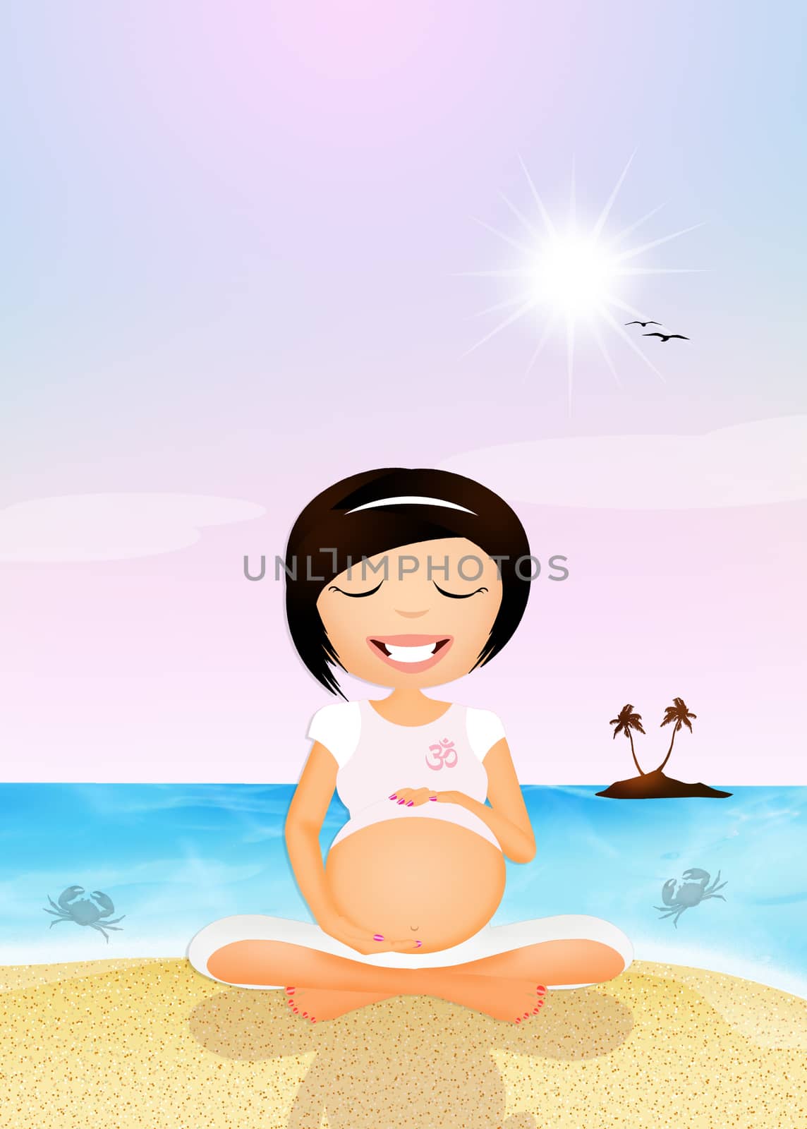 a pregnant woman doing yoga on the beach by adrenalina