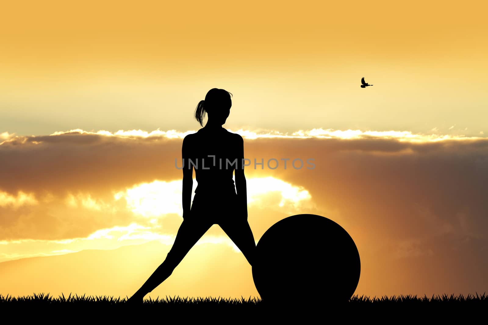 illustration of girl with pilates ball at sunset