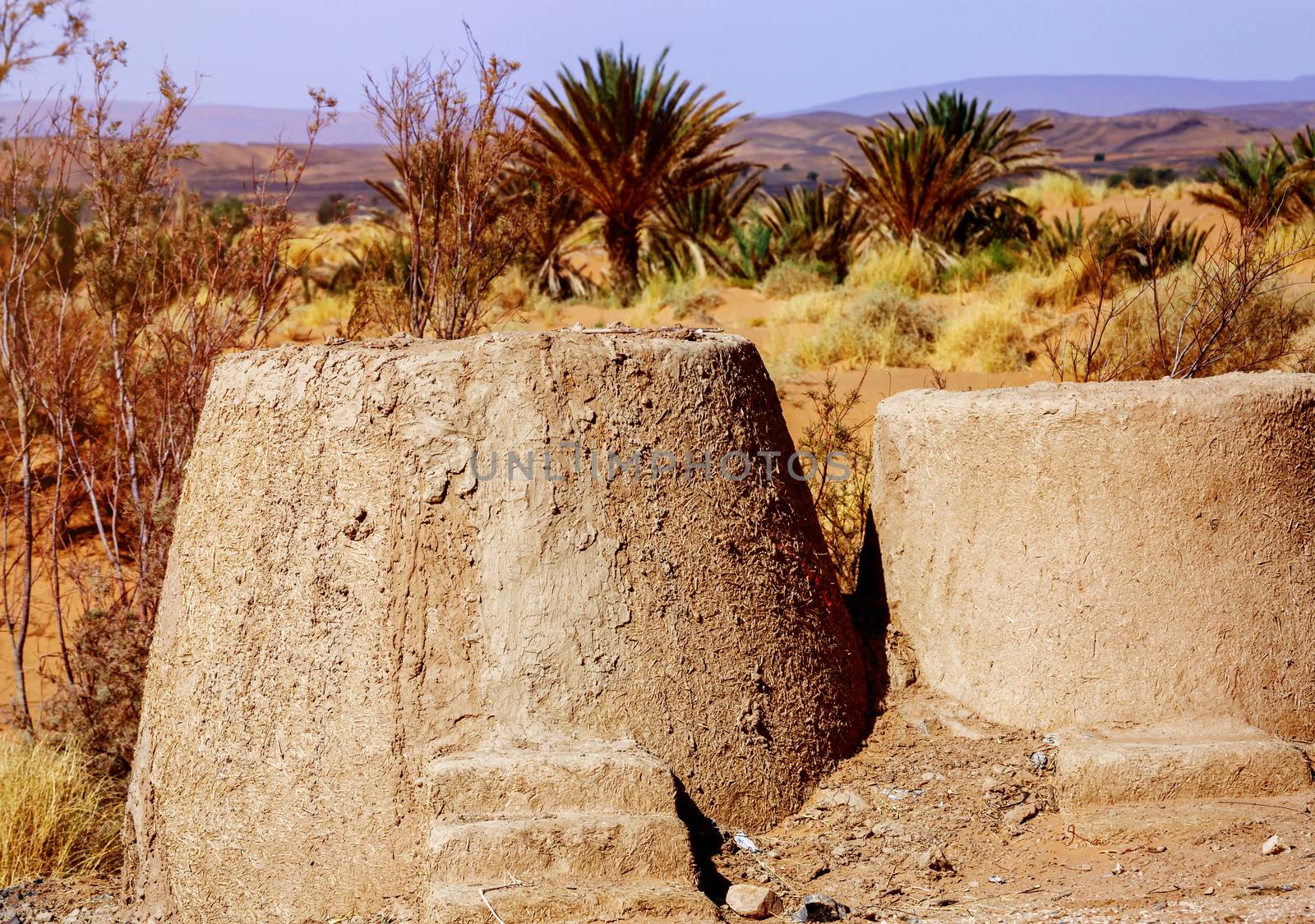 traditional mud and stone oven in sahara desert