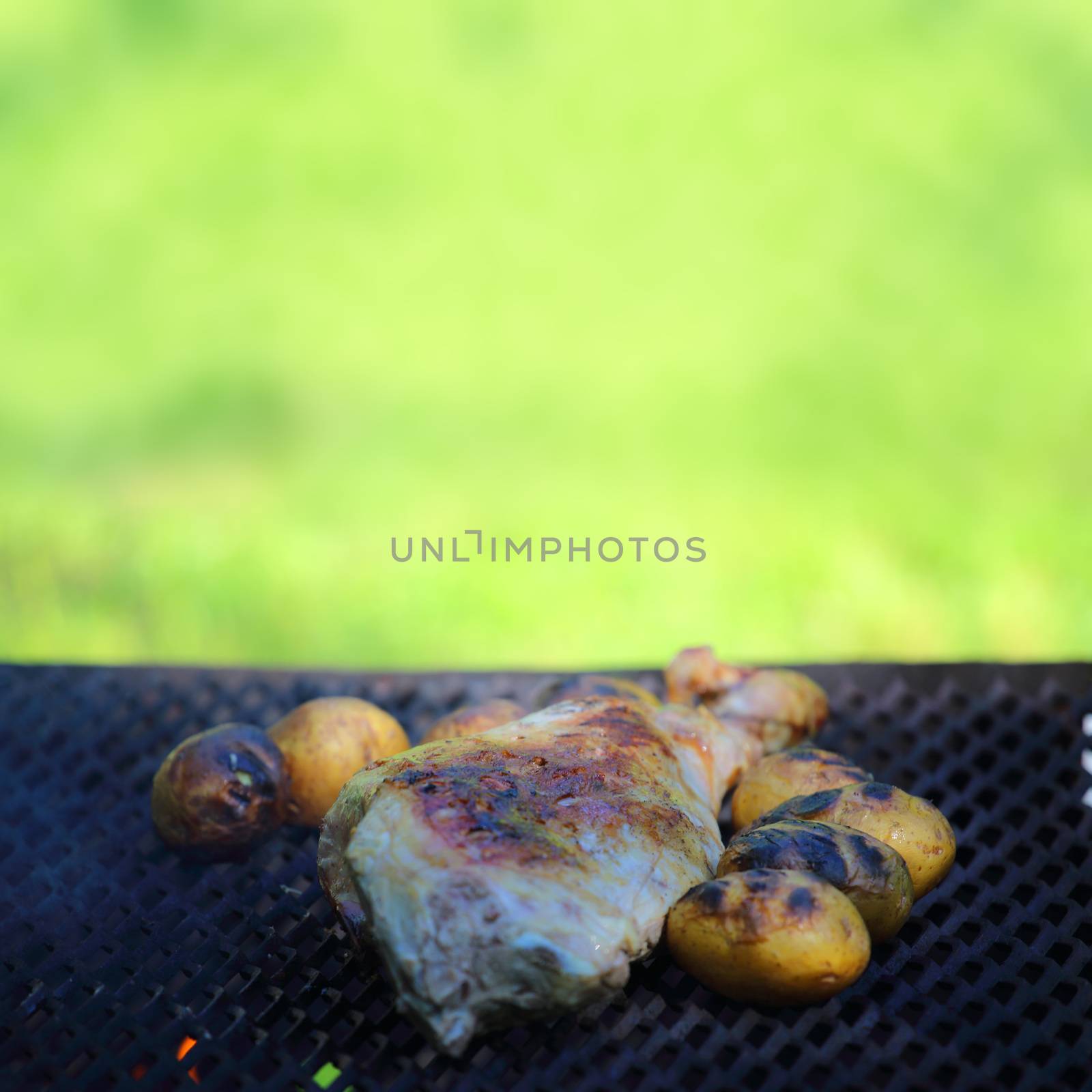 Baking lamb leg and potatoes on grill outdoors