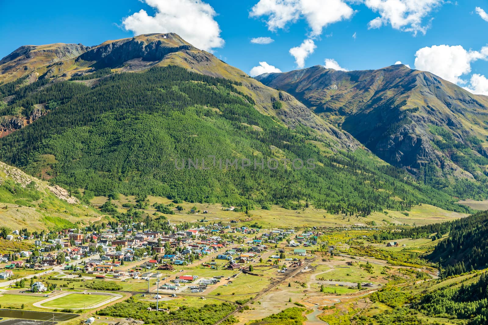 The Animas River flows past the former mining camp of Silverton, which is, at 9,318 feet of elevation, one of the highest towns in the US.