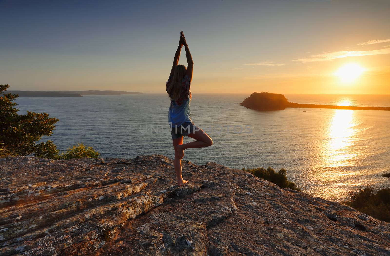 Yoga by the Sea at sunrise - Tree Pose Vrksasana by lovleah
