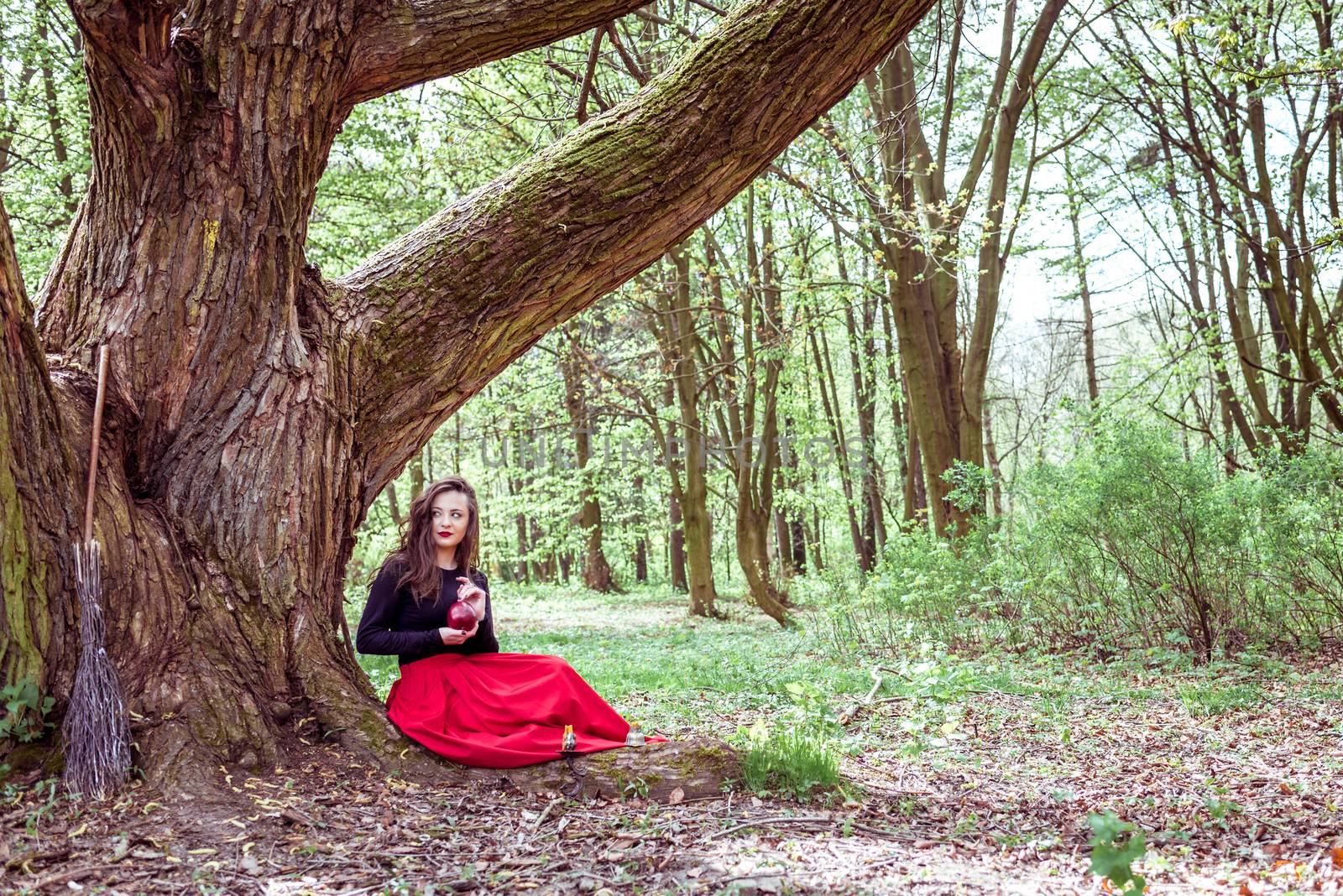 mystical witch woman in red dress sitting under a old tree in the wood