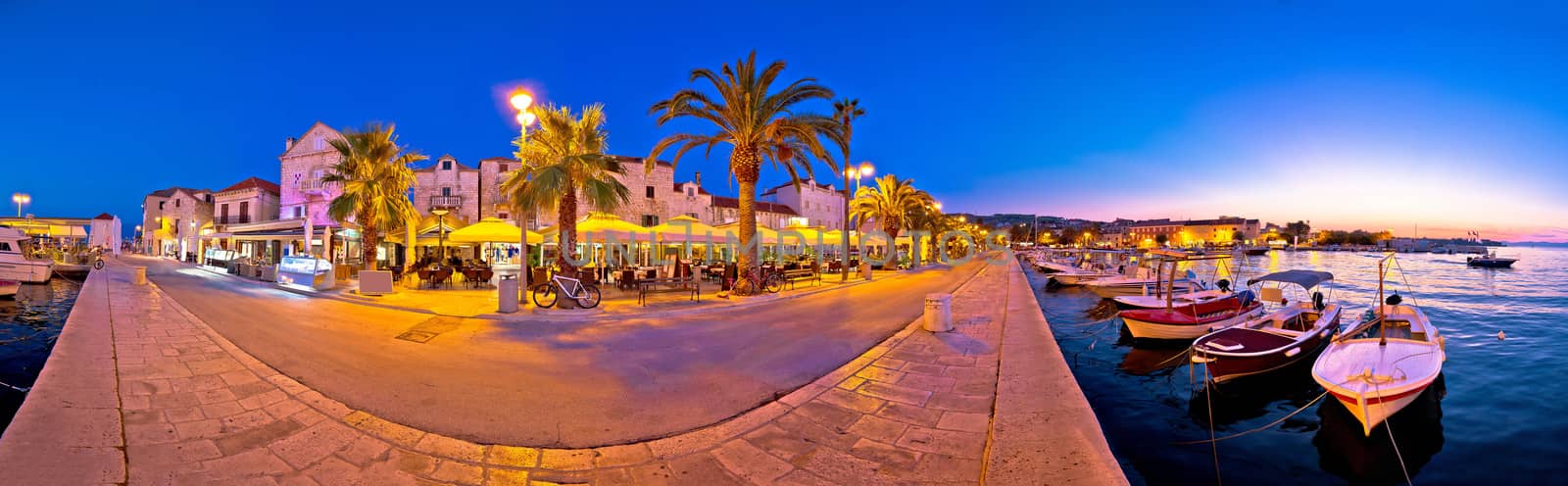 Supetar waterfront evening panoramic view, island of Brac, Dalmatia, Croatia