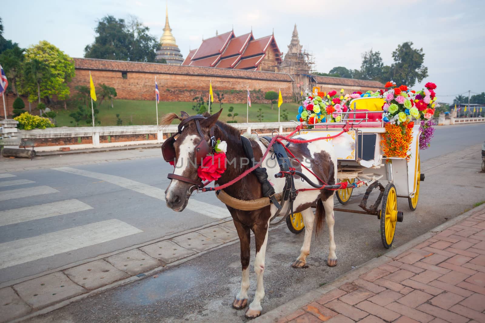 horse carriage in temple Phrathat Lampang Luang in Lampang, Thailand