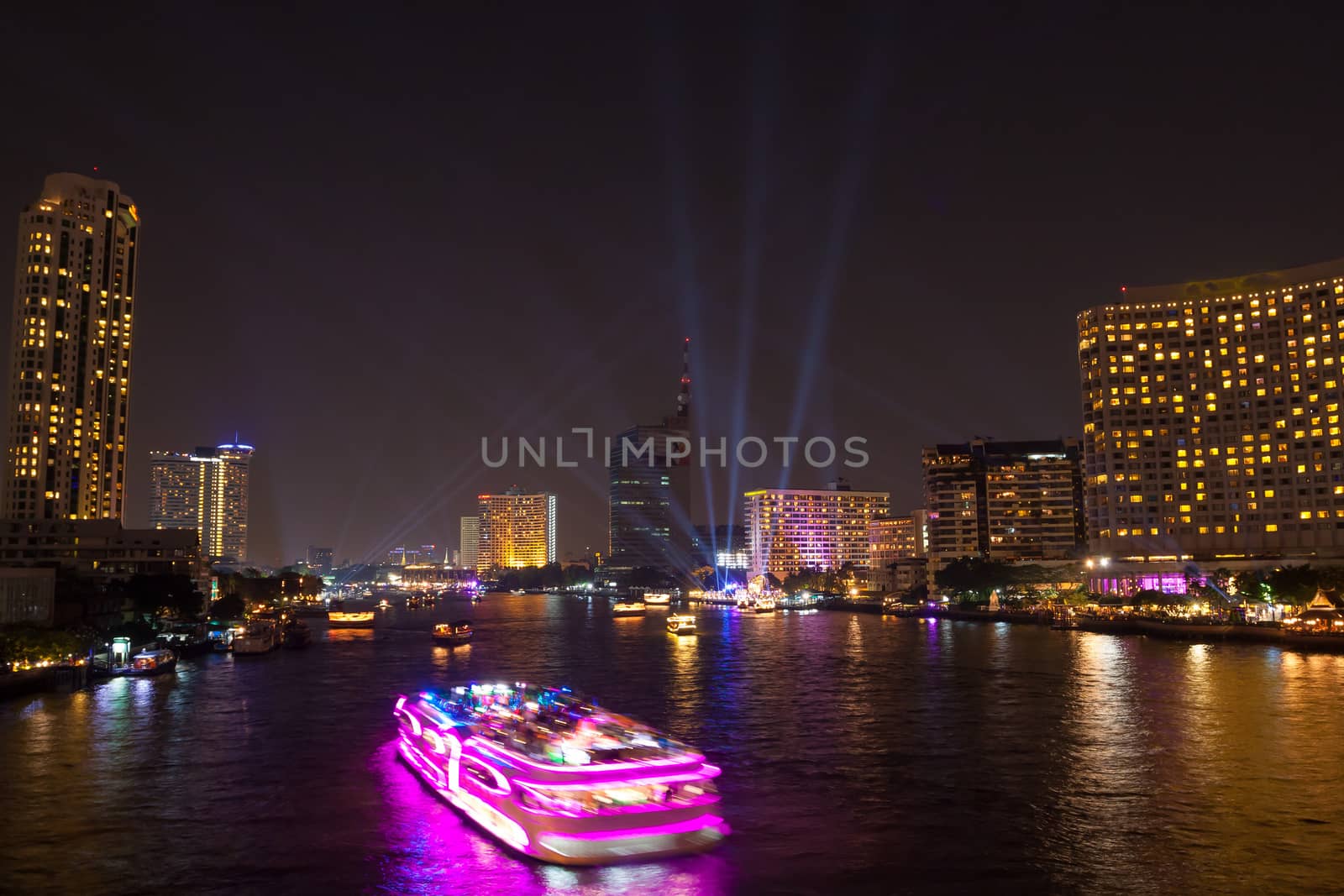 Chao Phraya river and city at twilight of Bangkok, Thailand
