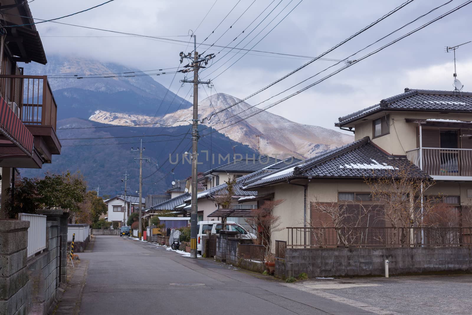 Small village with mountain and river in Yufuin, Japan