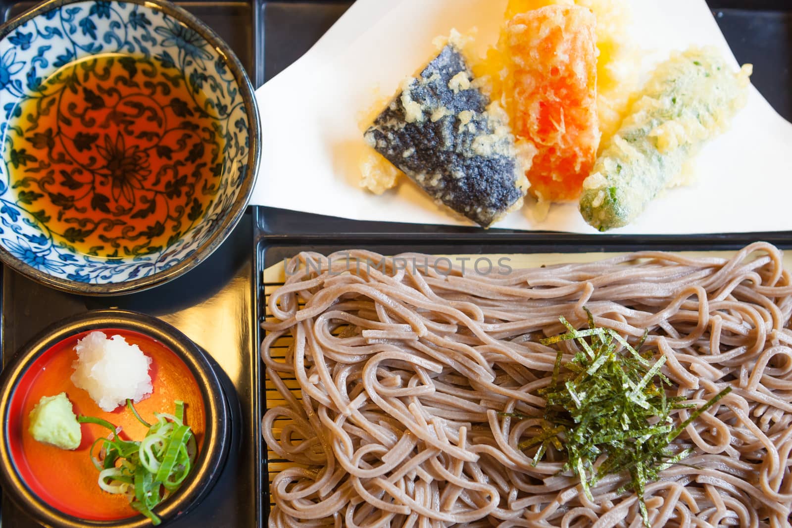 Japanese food Soba noodle with fried shrimp