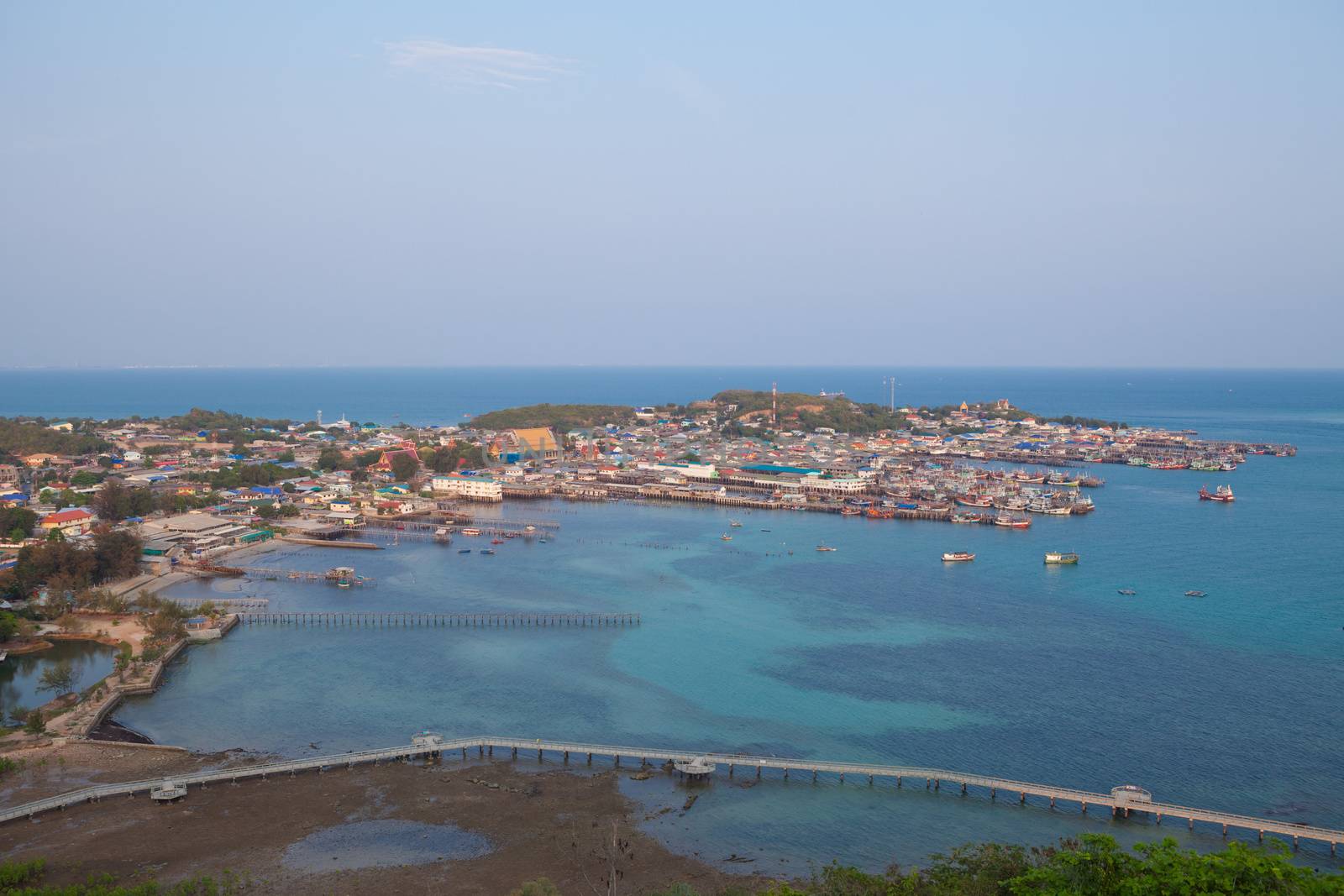 Aerial view of fishermen town on sunset by witthaya