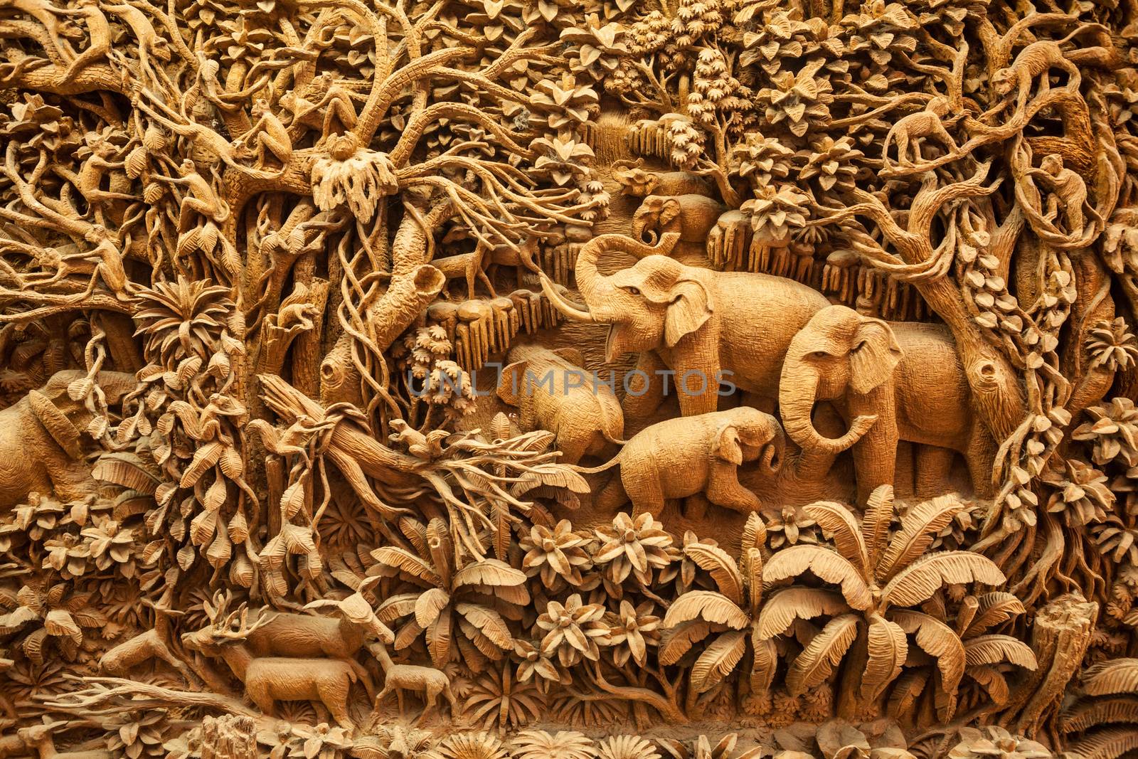 Carved Thai elephant on the wood frame