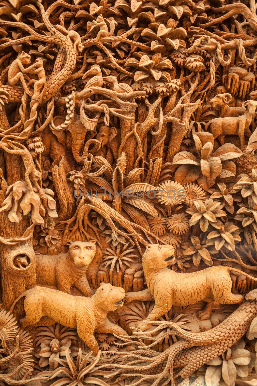 Carved Thai tiger on the wood