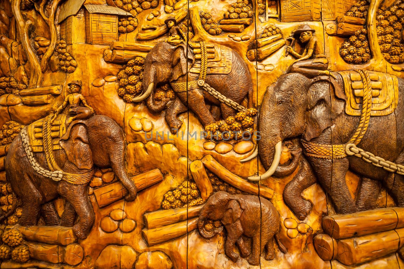Carved Thai animals on the wood