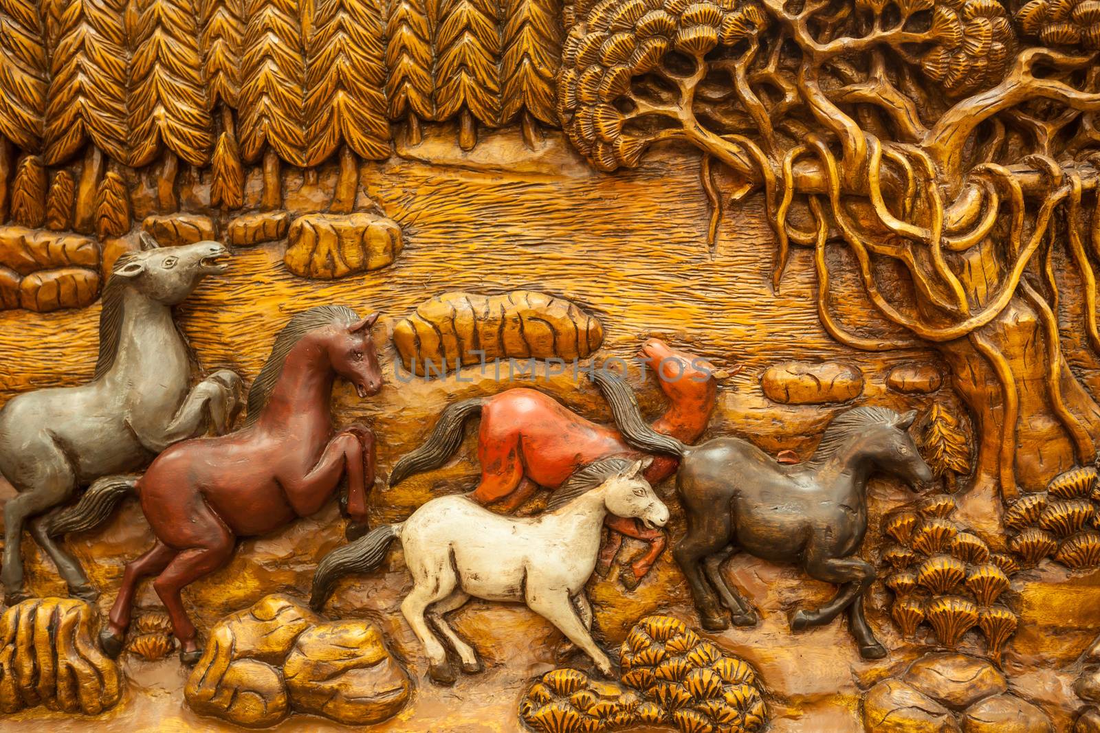 Carved Thai horse on the wood