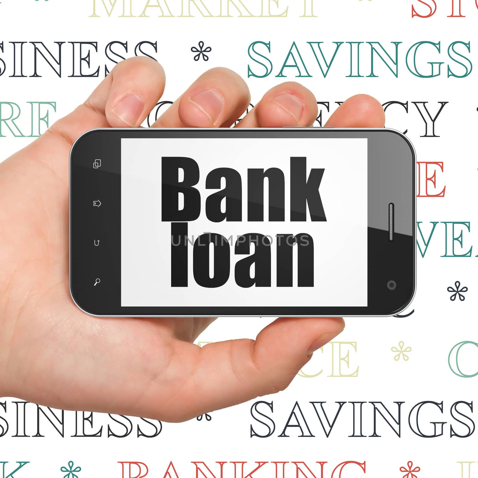 Money concept: Hand Holding Smartphone with  black text Bank Loan on display,  Tag Cloud background, 3D rendering