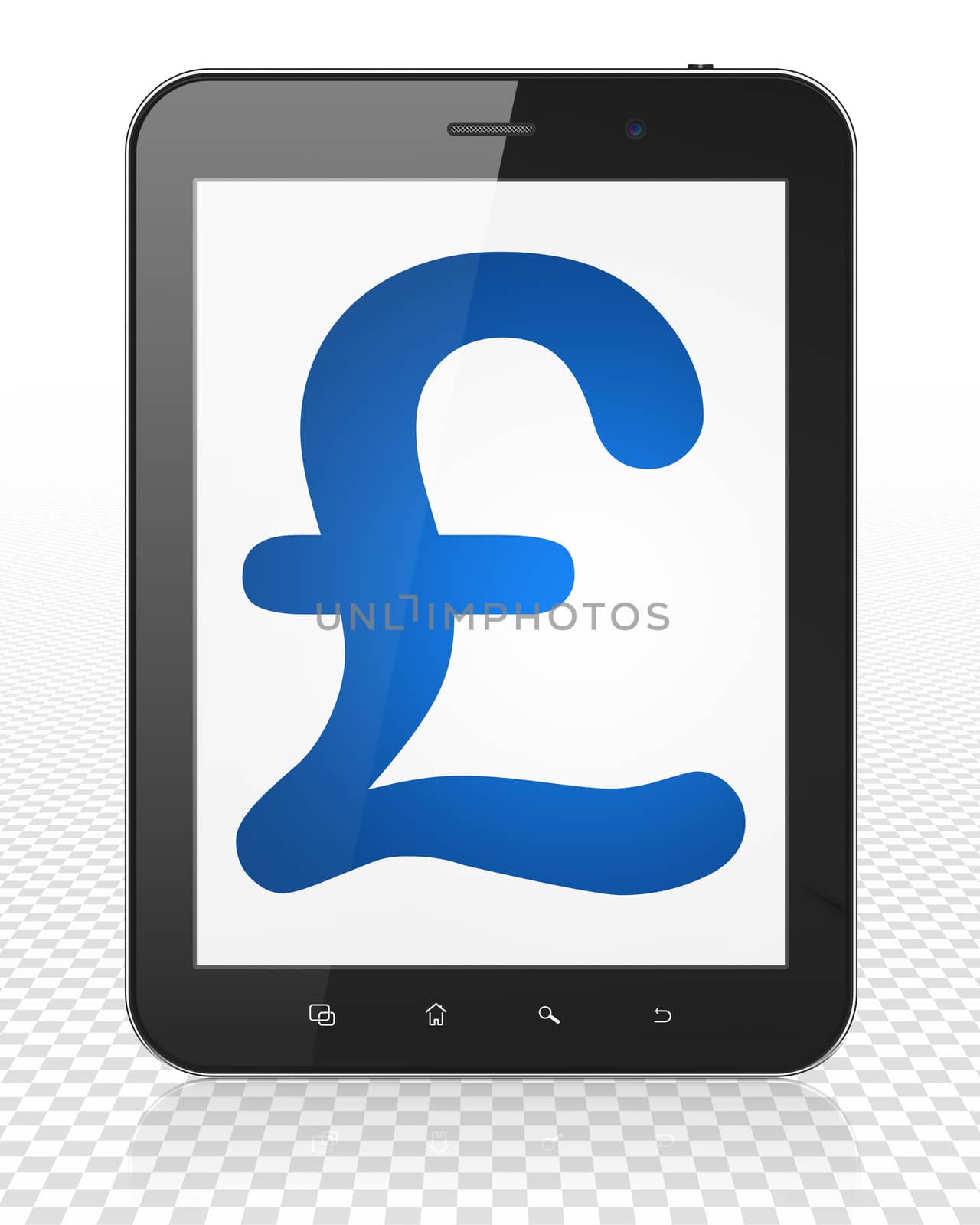 Money concept: Tablet Pc Computer with blue Pound icon on display, 3D rendering