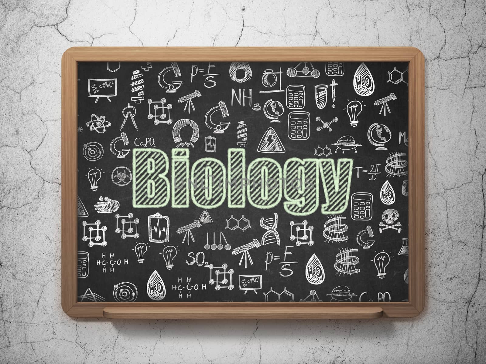 Science concept: Chalk Green text Biology on School board background with  Hand Drawn Science Icons, 3D Rendering
