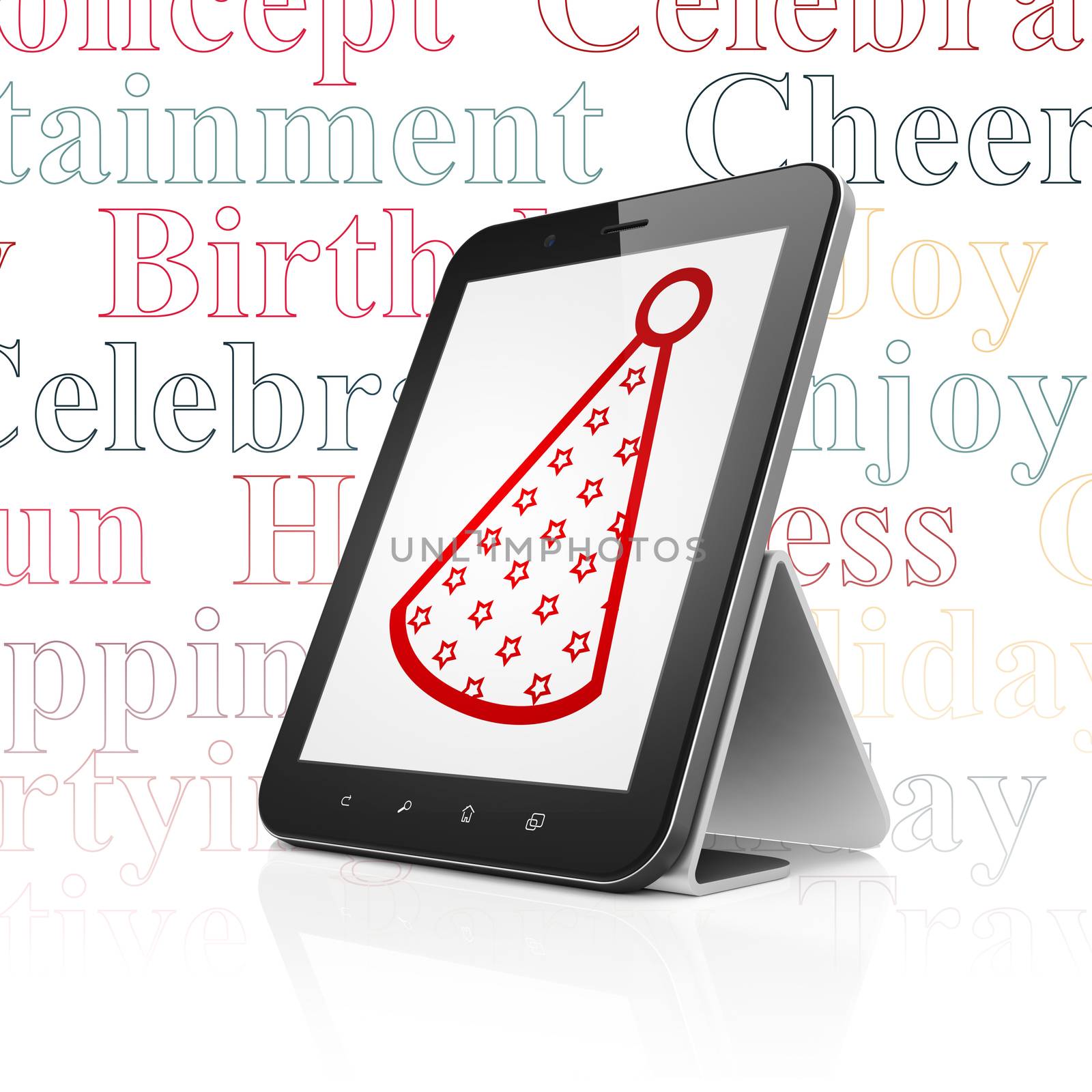 Holiday concept: Tablet Computer with  red Party Hat icon on display,  Tag Cloud background, 3D rendering